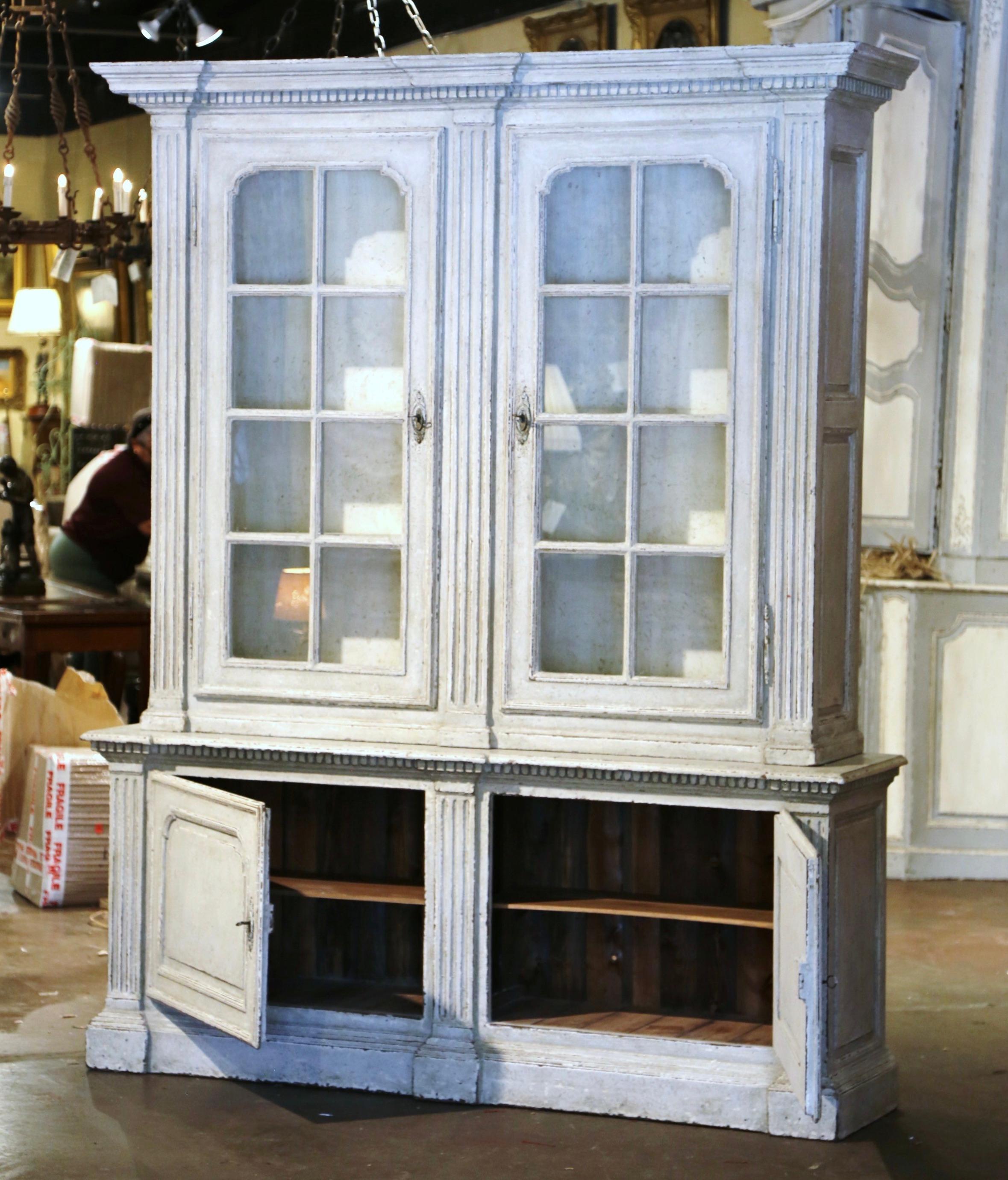 19th Century French Louis XIV Carved Painted Bookcase Cabinet with Glass Doors For Sale 6