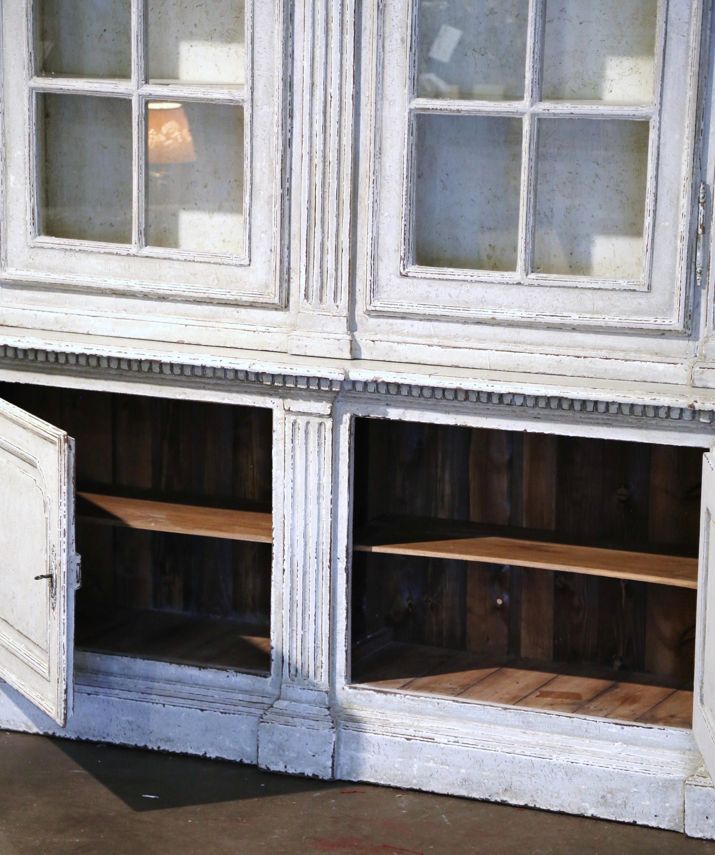 19th Century French Louis XIV Carved Painted Bookcase Cabinet with Glass Doors For Sale 7