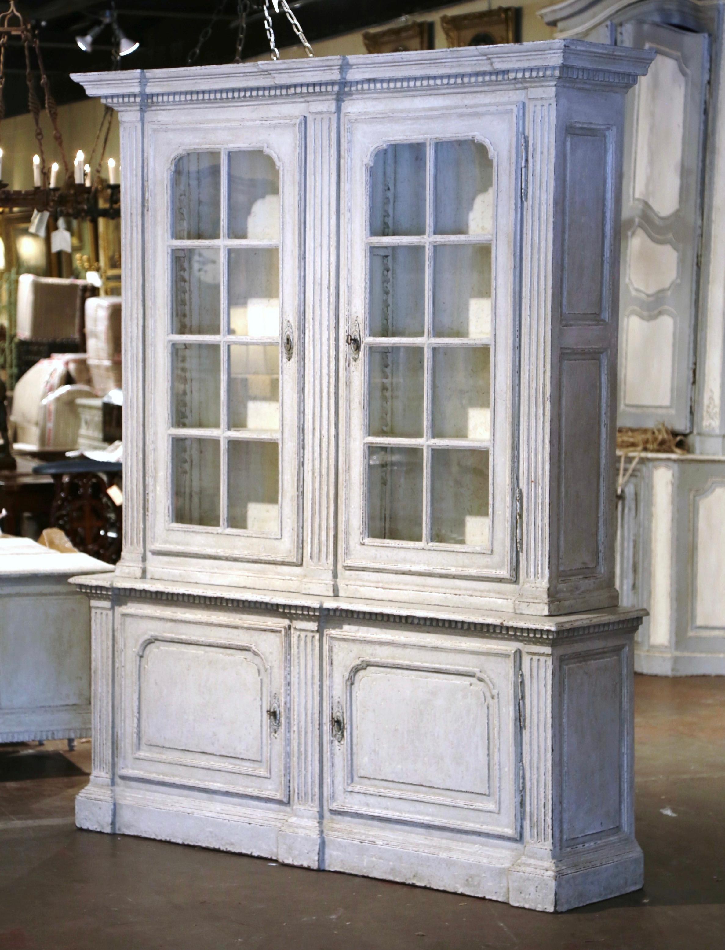 Oak 19th Century French Louis XIV Carved Painted Bookcase Cabinet with Glass Doors For Sale