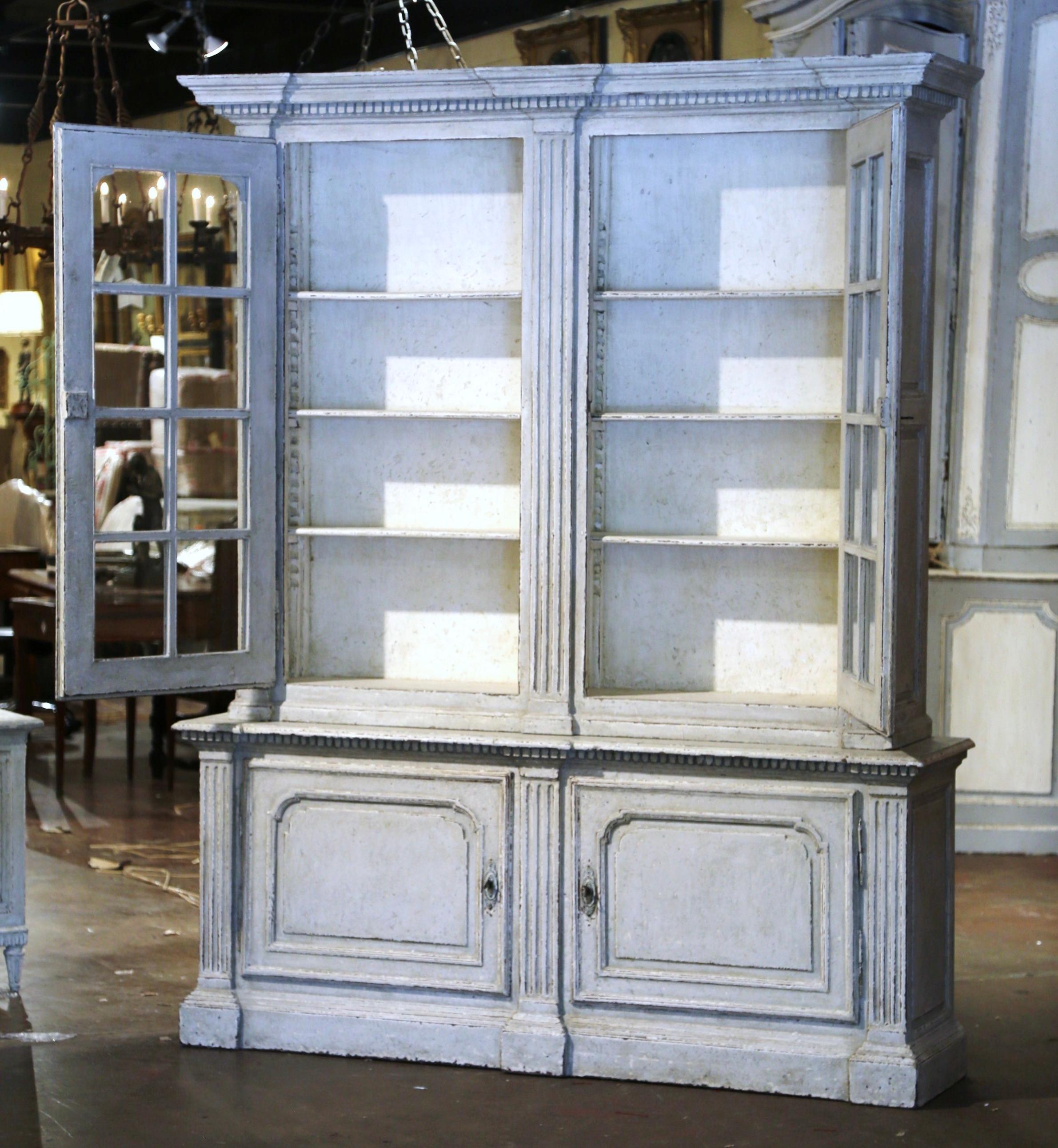 19th Century French Louis XIV Carved Painted Bookcase Cabinet with Glass Doors For Sale 1
