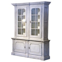 19th Century French Louis XIV Carved Painted Bookcase Cabinet with Glass Doors