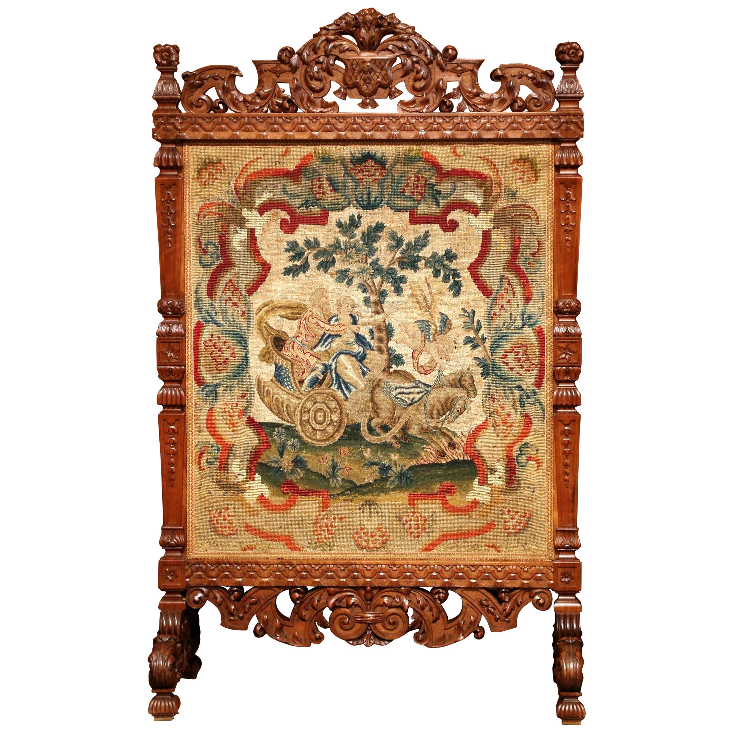 19th Century French Louis XIV Carved Walnut Needlepoint Fireplace Screen