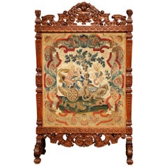 19th Century French Louis XIV Carved Walnut Needlepoint Fireplace Screen