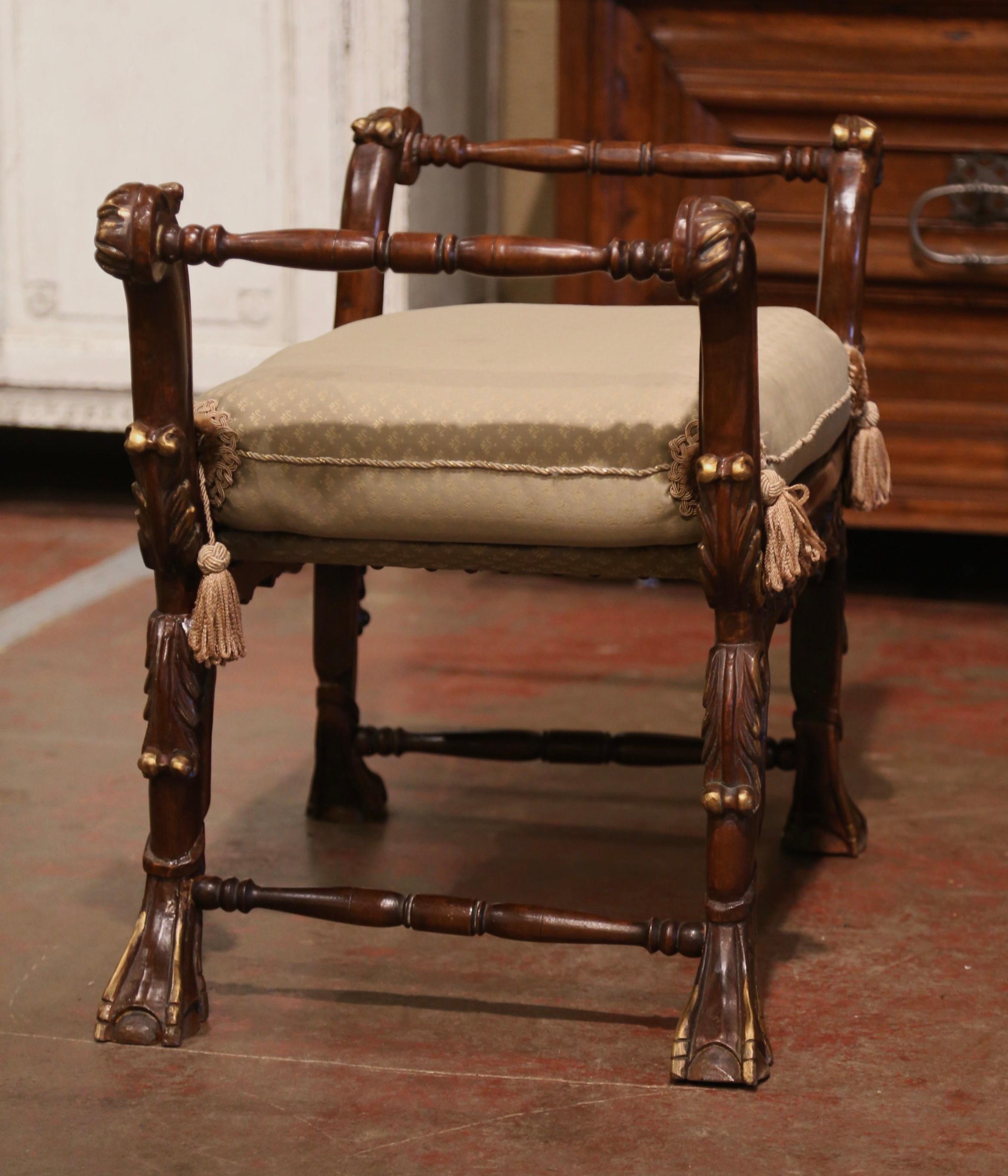 Hand-Carved 19th Century French Louis XIV Carved Walnut Piano Bench with Silk Cushion