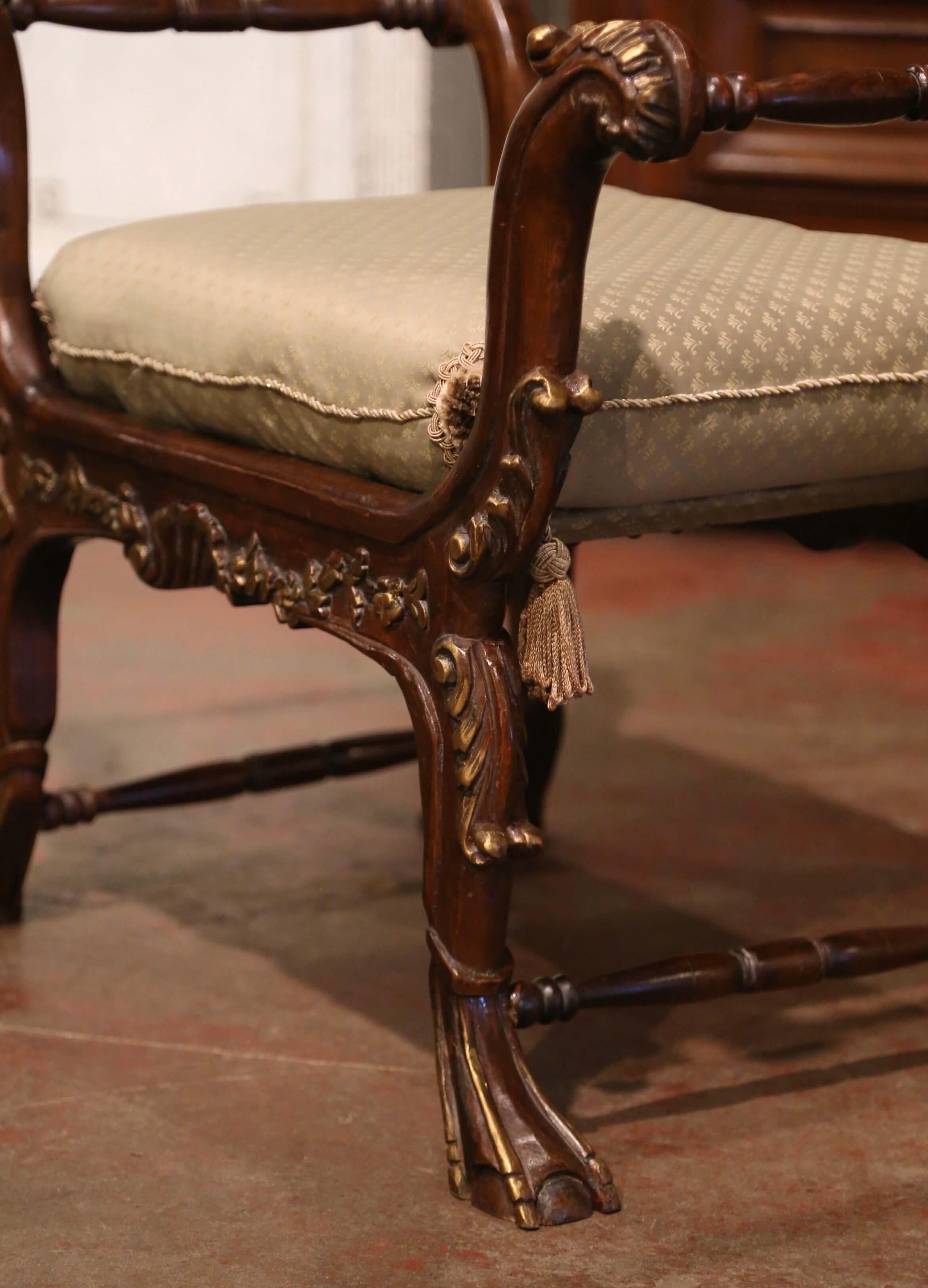 19th Century French Louis XIV Carved Walnut Piano Bench with Silk Cushion In Excellent Condition In Dallas, TX