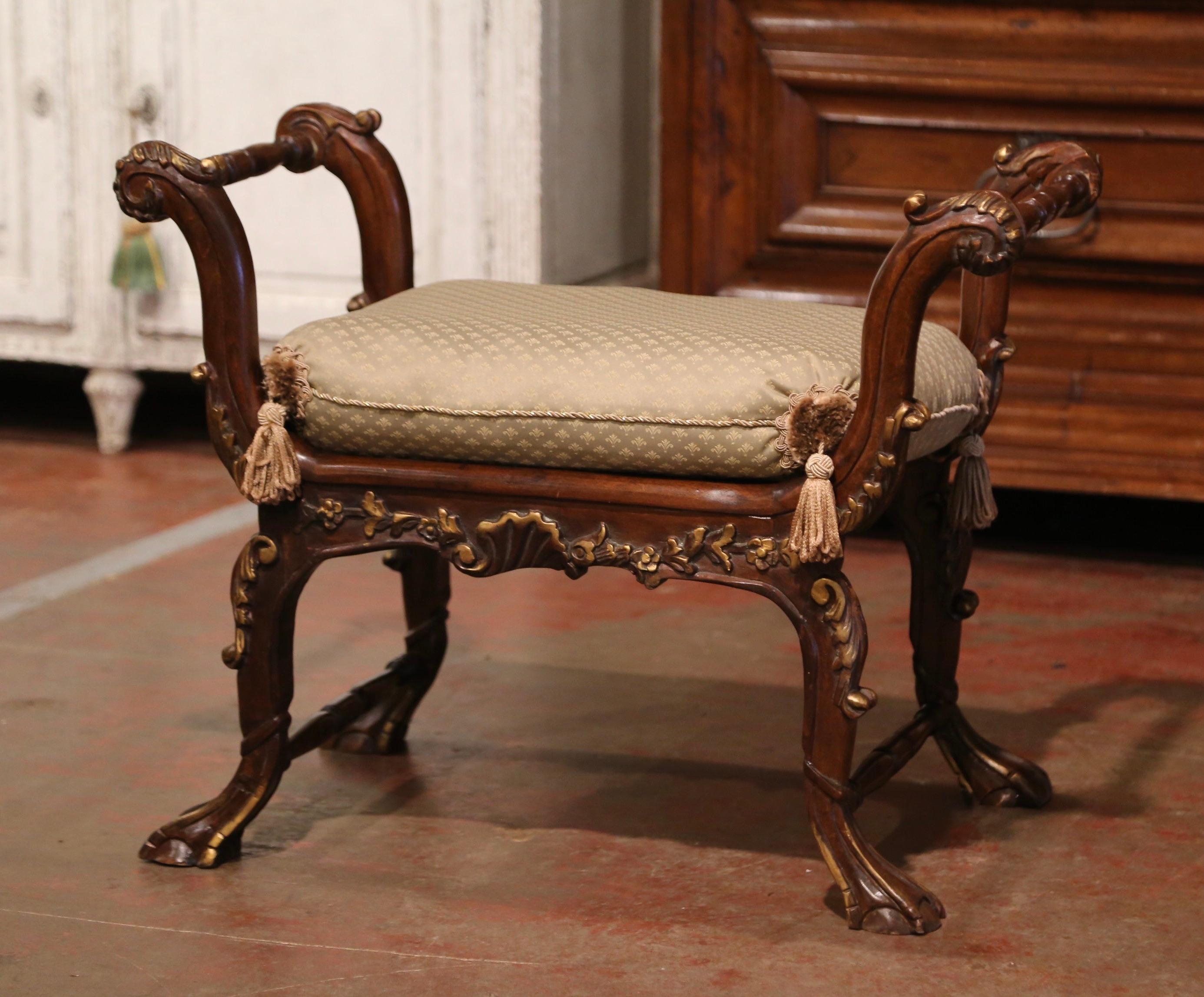 19th Century French Louis XIV Carved Walnut Piano Bench with Silk Cushion 2