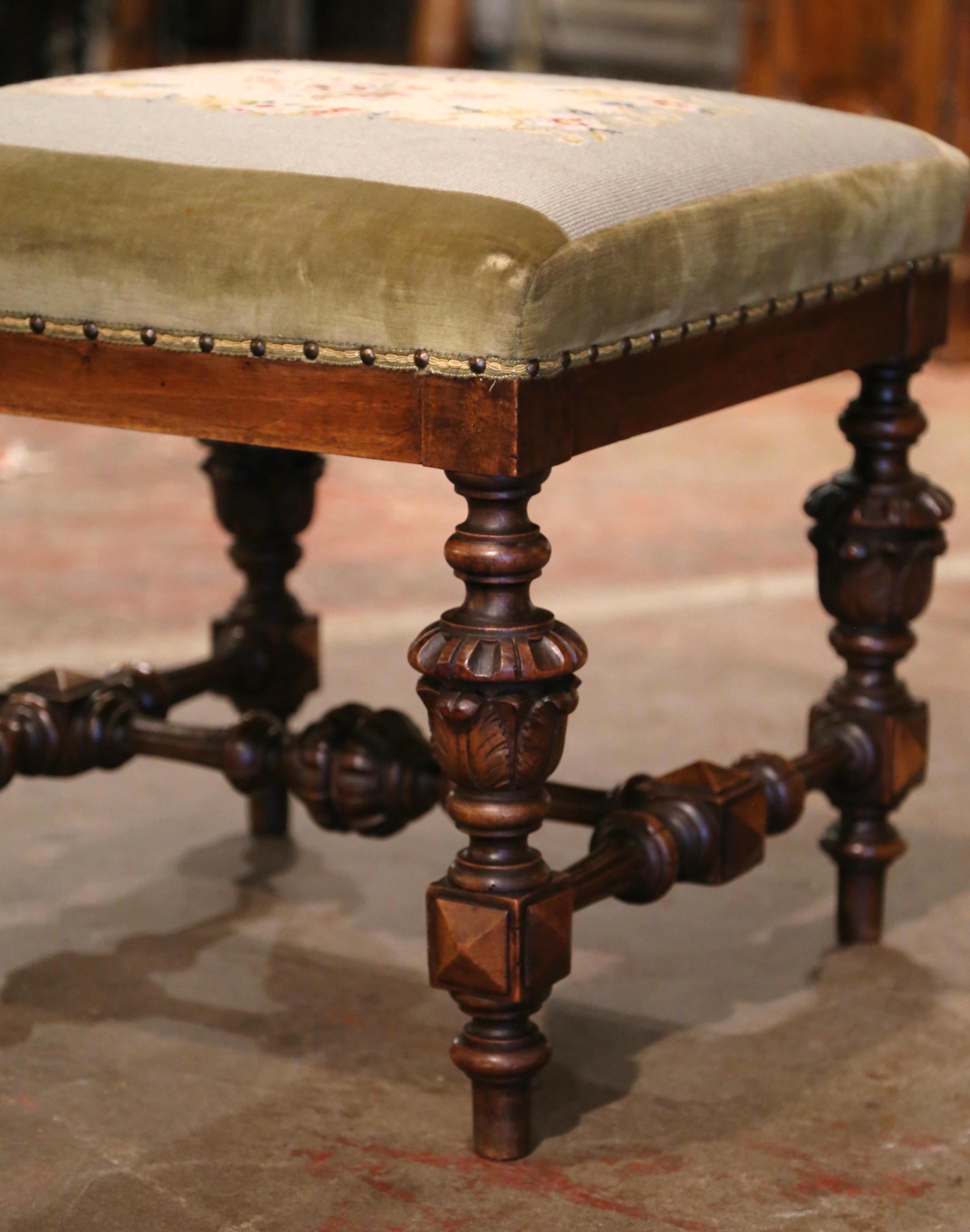 Hand-Carved 19th Century French Louis XIV Carved Walnut Stool with Needlepoint Tapestry For Sale