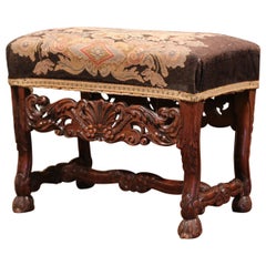 19th Century French Louis XIV Carved Walnut Stool with Needlepoint Tapestry