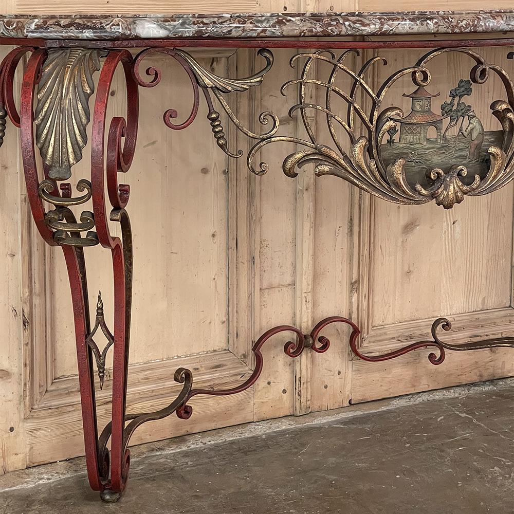 19th Century French Louis XIV Chinoiserie Wrought Iron & Marble Console For Sale 9