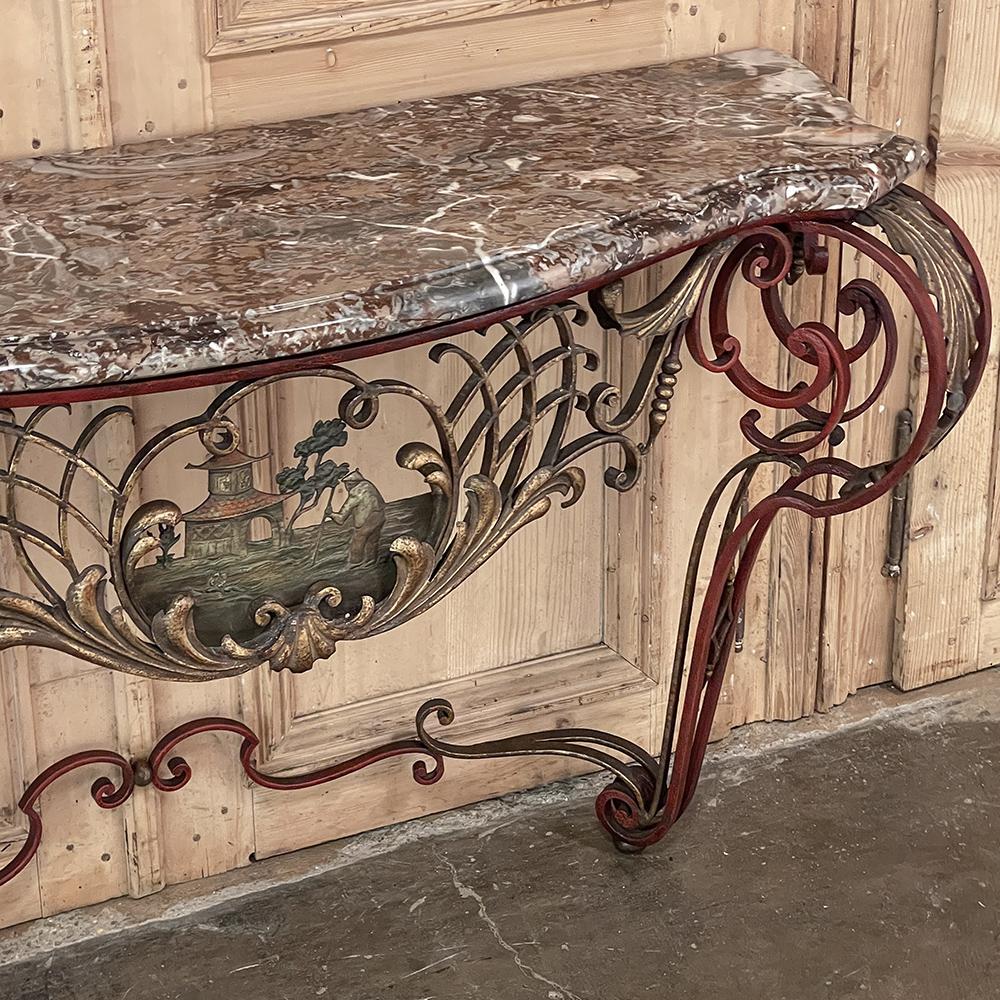 19th Century French Louis XIV Chinoiserie Wrought Iron & Marble Console For Sale 16