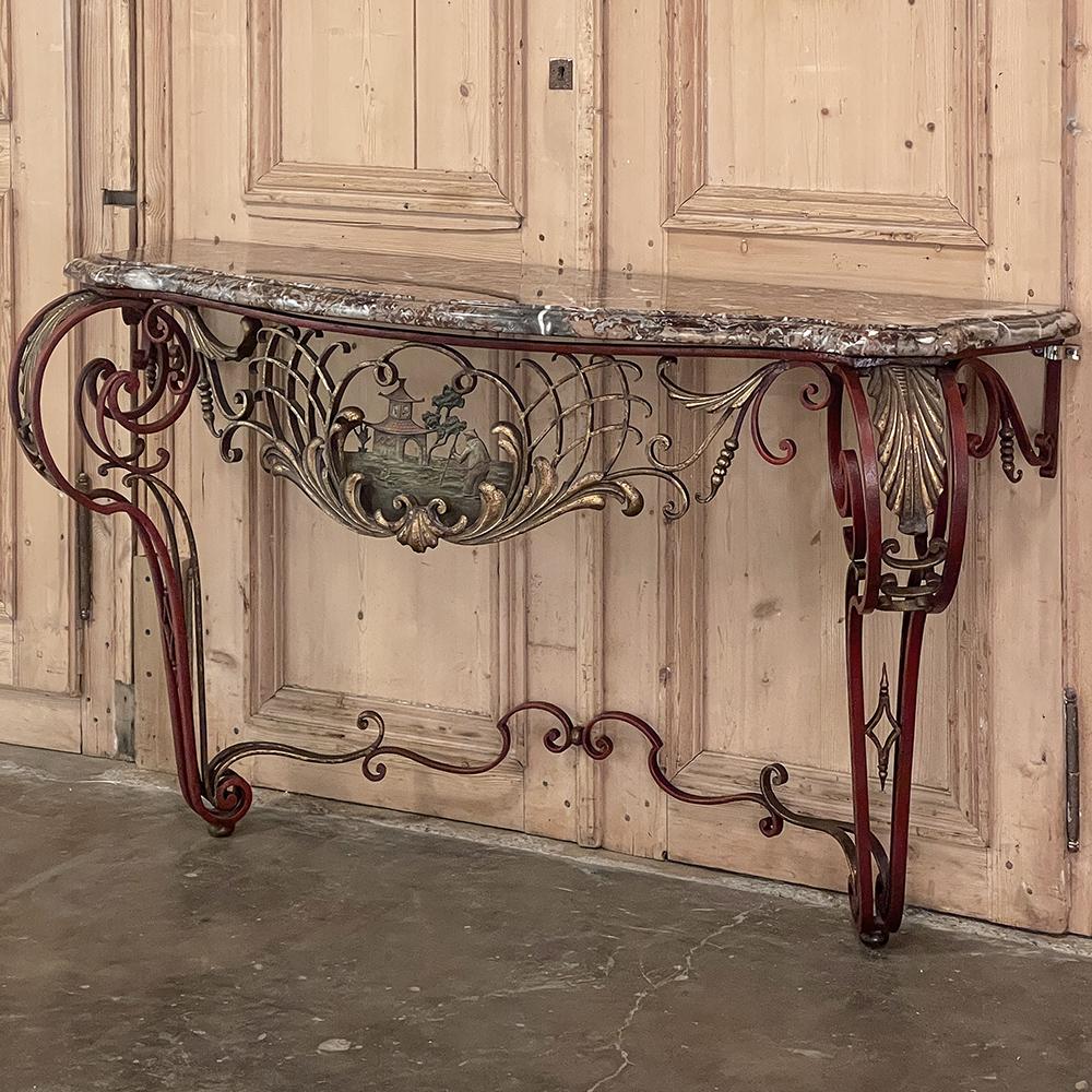 Hand-Crafted 19th Century French Louis XIV Chinoiserie Wrought Iron & Marble Console For Sale