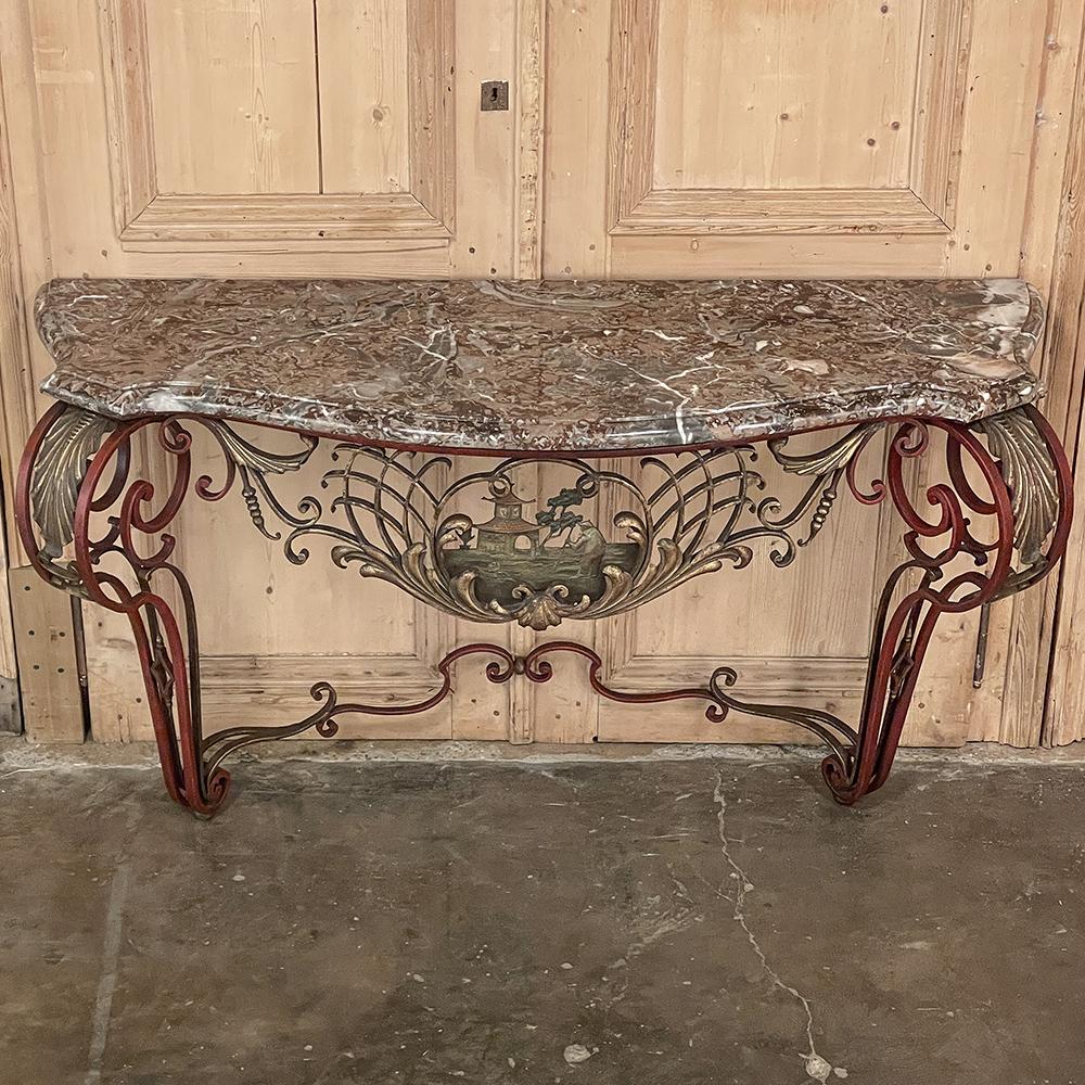 19th Century French Louis XIV Chinoiserie Wrought Iron & Marble Console For Sale 1