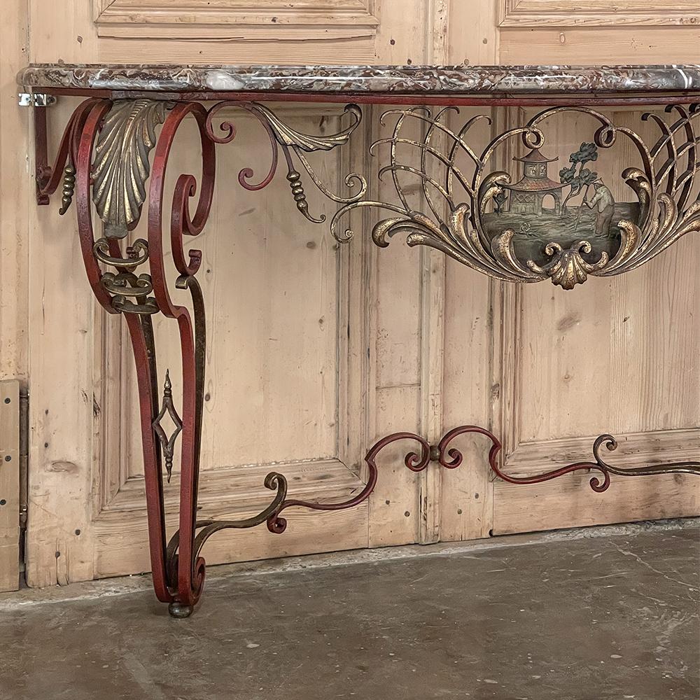 19th Century French Louis XIV Chinoiserie Wrought Iron & Marble Console For Sale 2