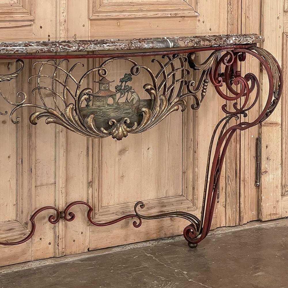 19th Century French Louis XIV Chinoiserie Wrought Iron & Marble Console For Sale 3