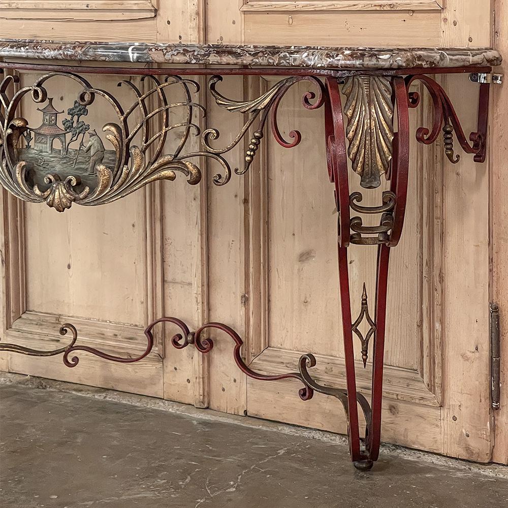 19th Century French Louis XIV Chinoiserie Wrought Iron & Marble Console For Sale 4