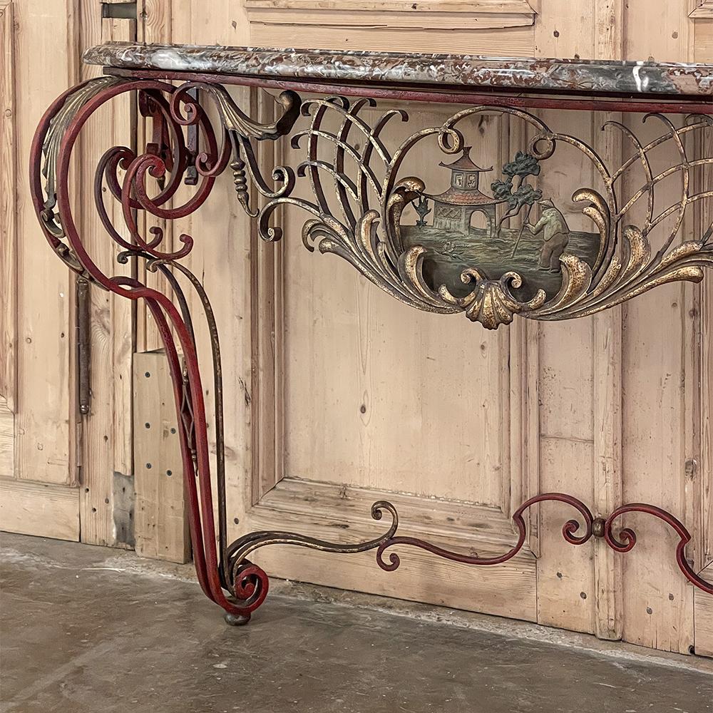 19th Century French Louis XIV Chinoiserie Wrought Iron & Marble Console For Sale 5