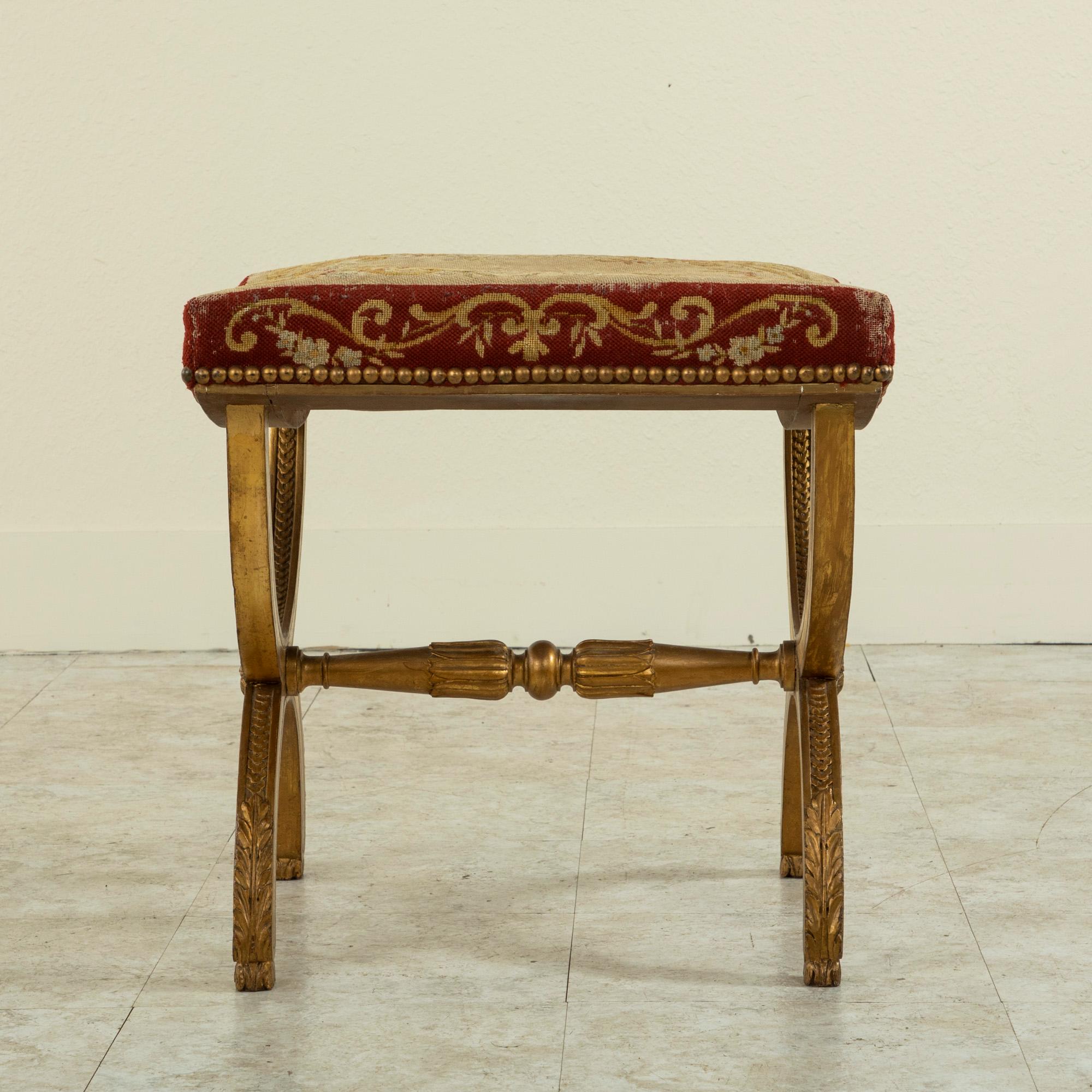 Tapestry 19th Century French Louis XIV Giltwood Bench, Vanity Stool with Needlepoint Seat