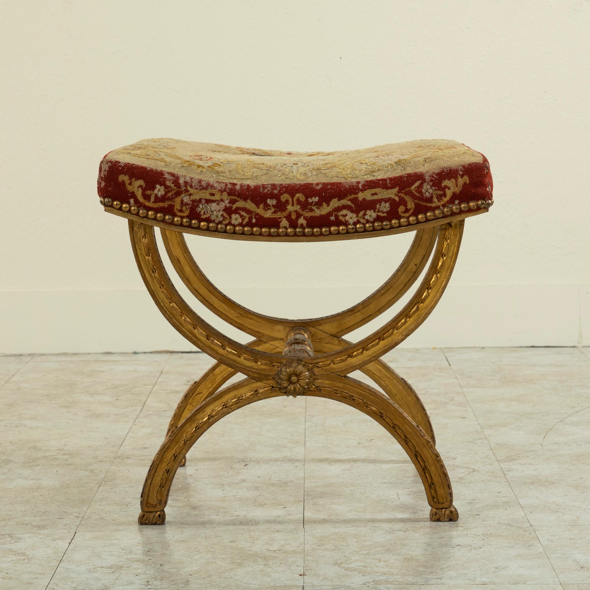 19th Century French Louis XIV Giltwood Bench, Vanity Stool with Needlepoint Seat 1