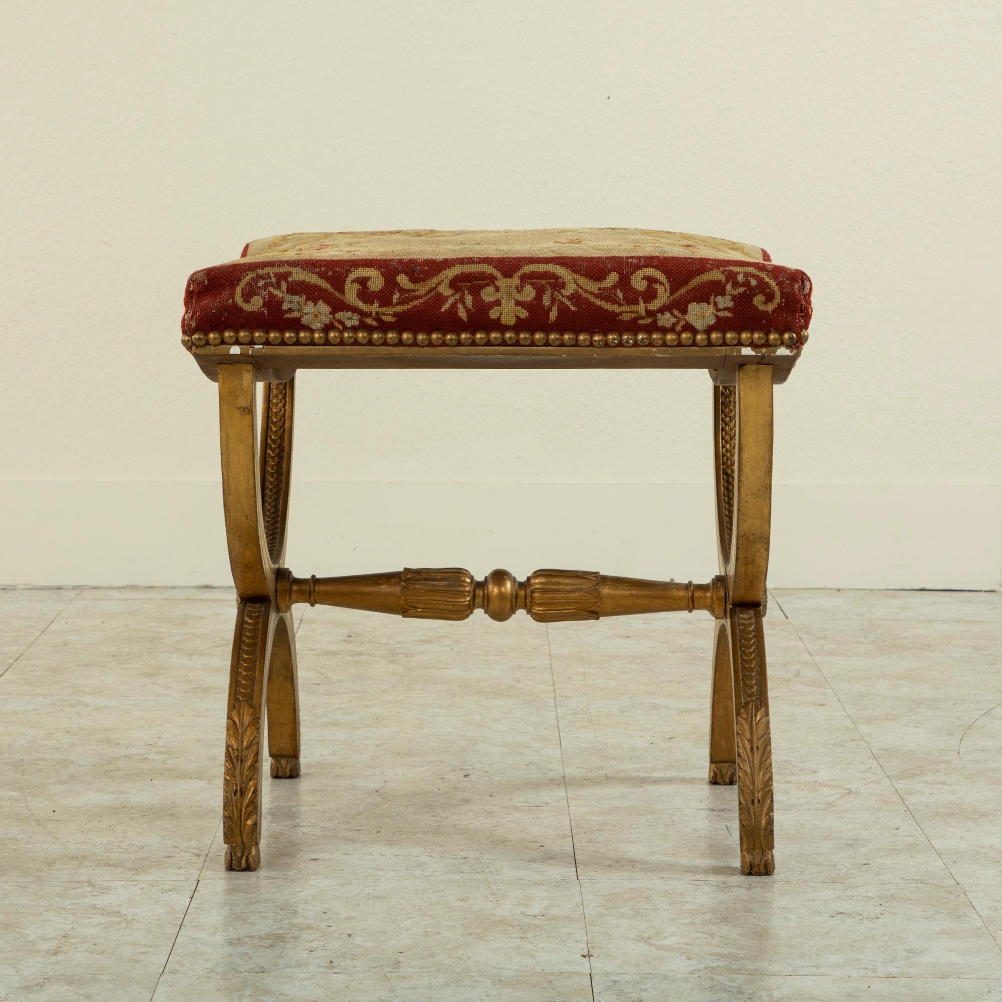 19th Century French Louis XIV Giltwood Bench, Vanity Stool with Needlepoint Seat 2