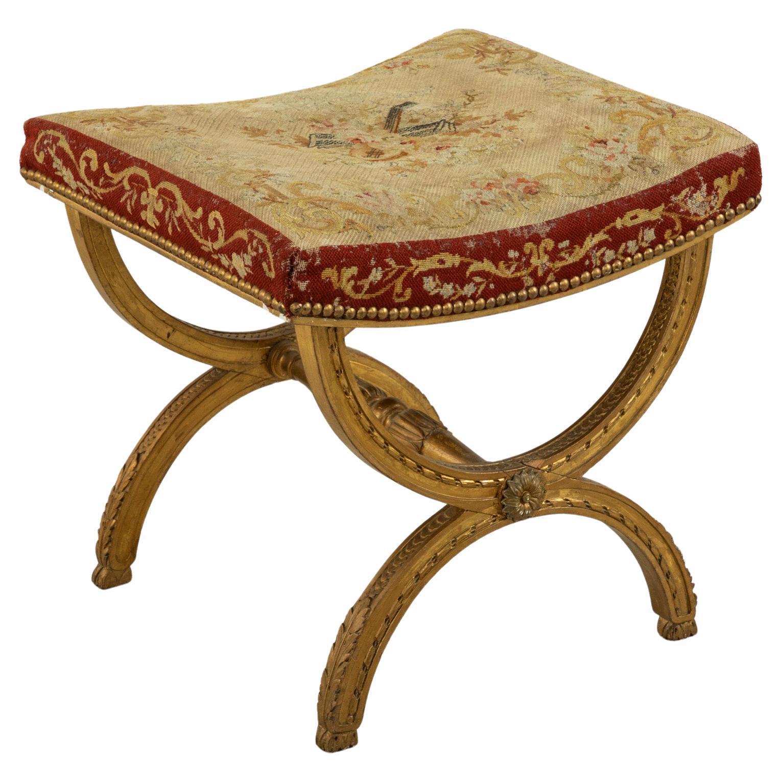 19th Century French Louis XIV Giltwood Bench, Vanity Stool with Needlepoint Seat
