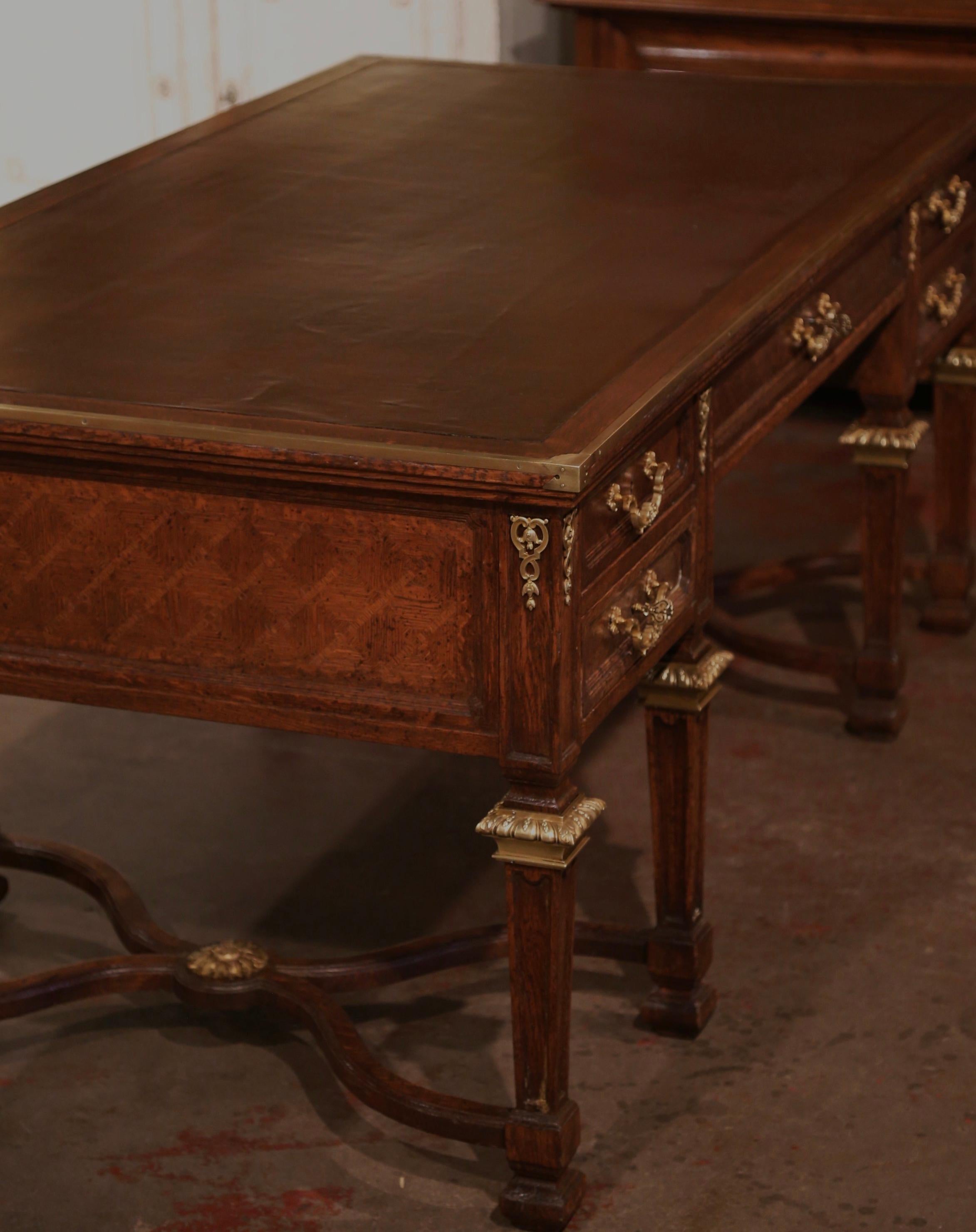19th Century French Louis XIV Leather Top Carved Parquetry Oak Eight-Leg Desk 6