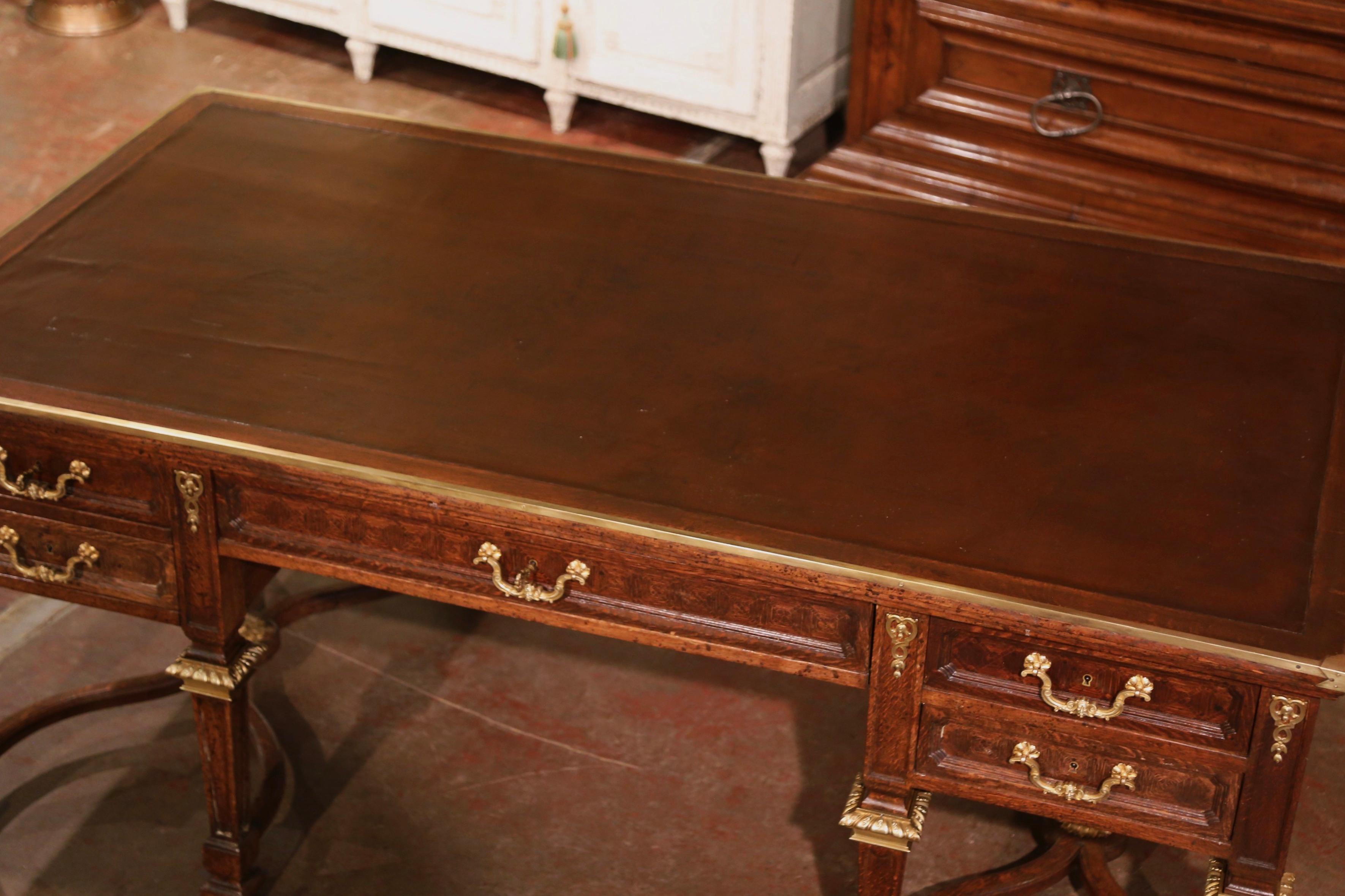 Hand-Carved 19th Century French Louis XIV Leather Top Carved Parquetry Oak Eight-Leg Desk