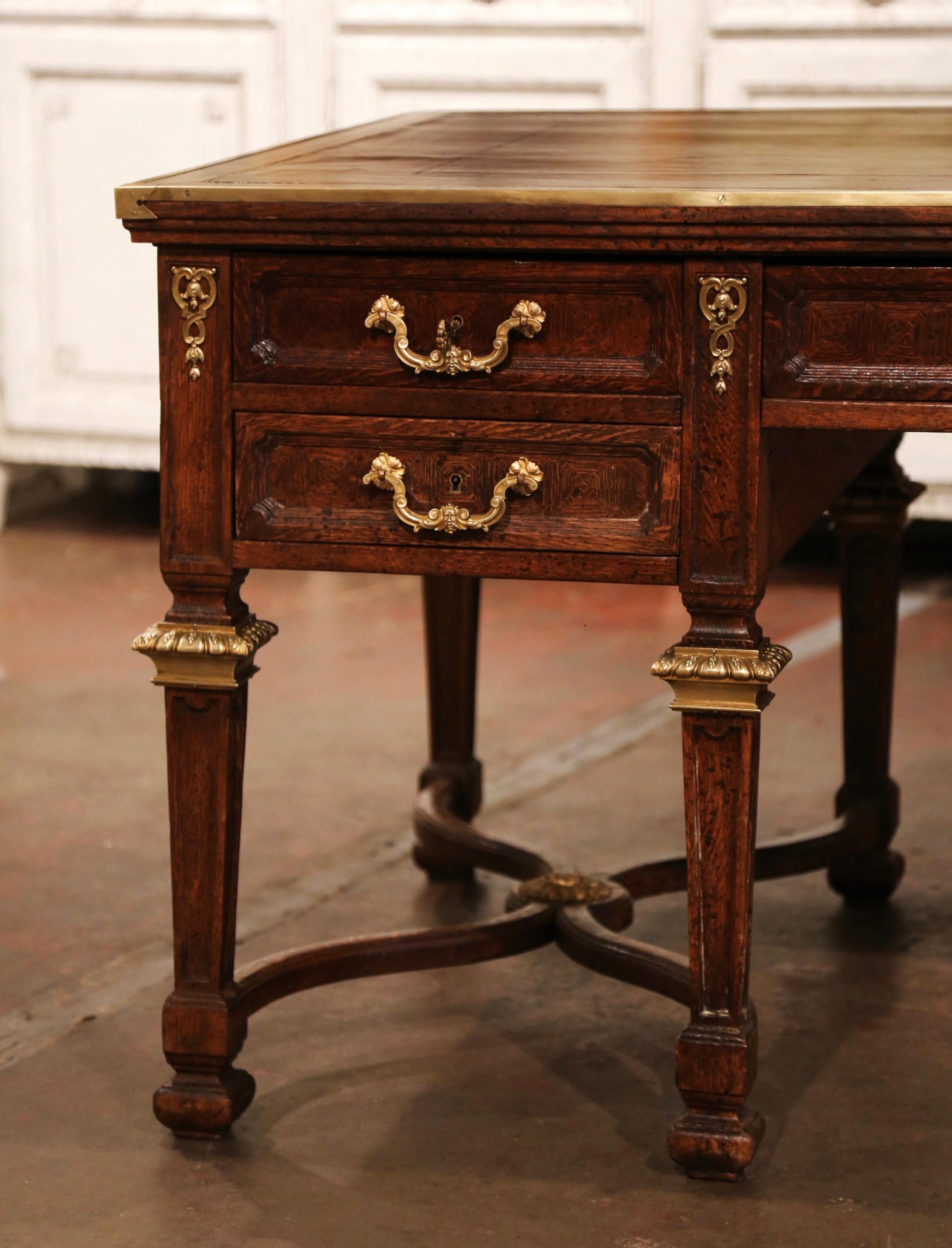 19th Century French Louis XIV Leather Top Carved Parquetry Oak Eight-Leg Desk In Excellent Condition In Dallas, TX