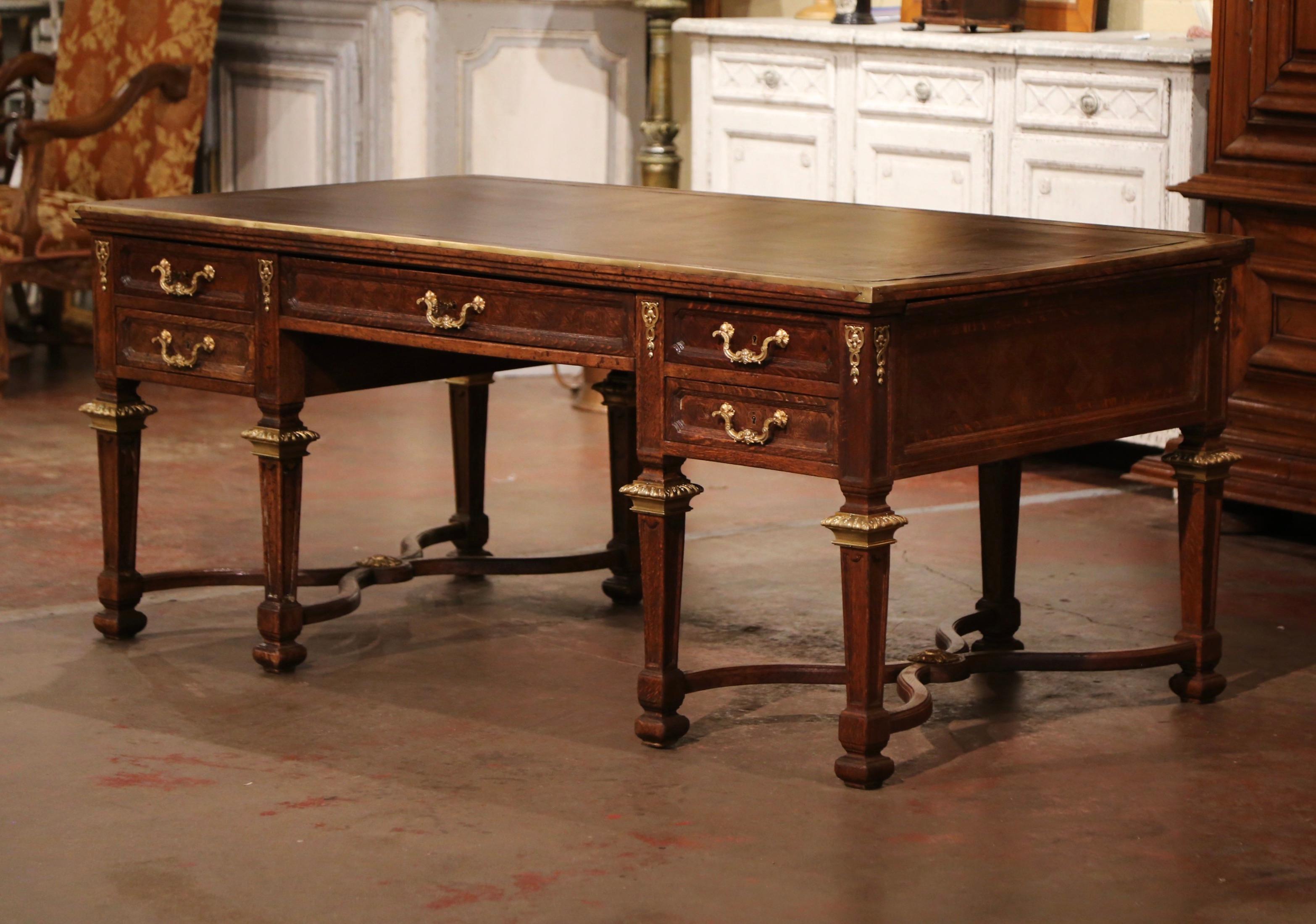 Bronze 19th Century French Louis XIV Leather Top Carved Parquetry Oak Eight-Leg Desk
