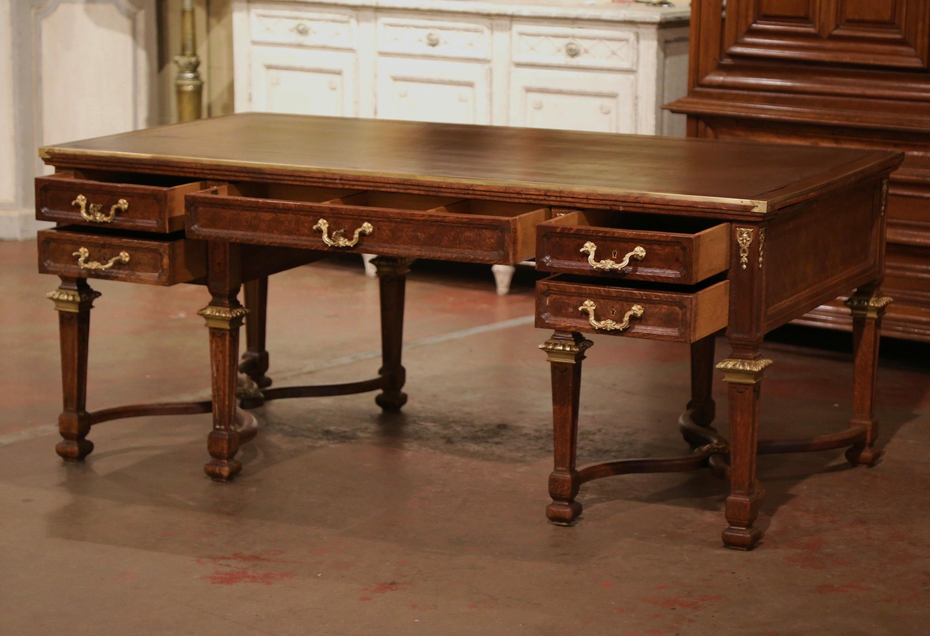 19th Century French Louis XIV Leather Top Carved Parquetry Oak Eight-Leg Desk 2