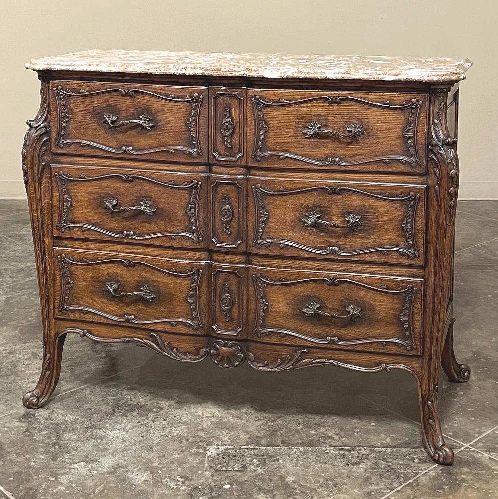 Hand-Carved 19th Century French Louis XIV Marble Top Commode, Chest of Drawers For Sale