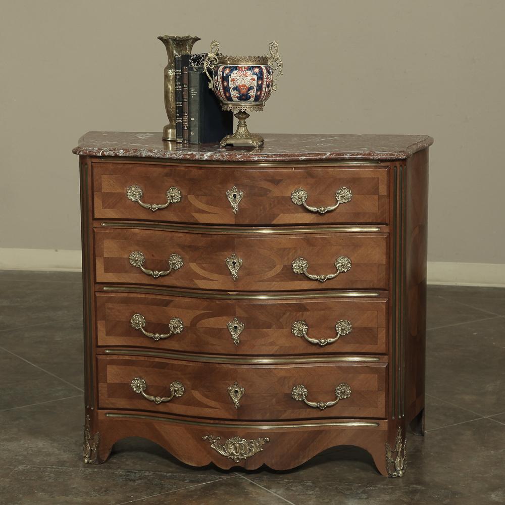 Hand-Crafted 19th Century French Louis XIV Marble Top Commode with Marquetry For Sale