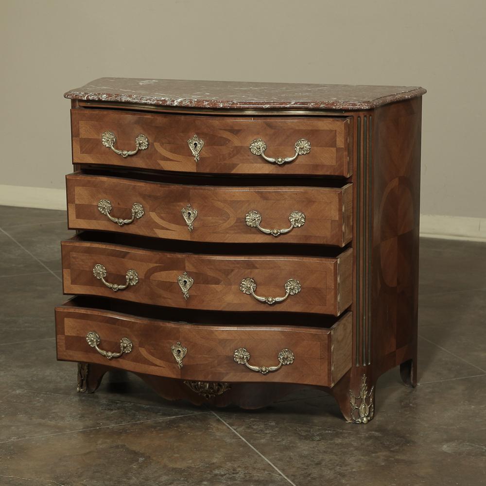19th Century French Louis XIV Marble Top Commode with Marquetry In Good Condition For Sale In Dallas, TX