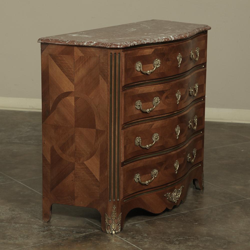 Bronze 19th Century French Louis XIV Marble Top Commode with Marquetry For Sale