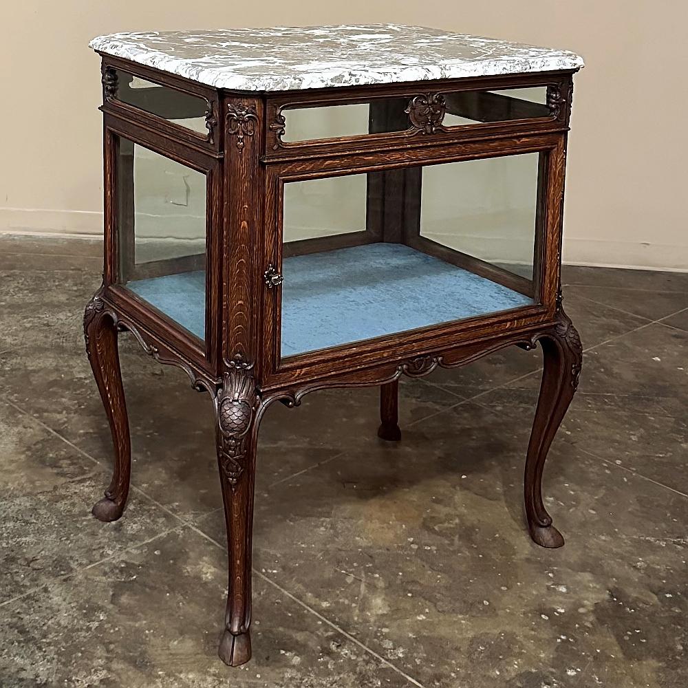 19th century French Louis XIV Marble Top End Table ~ Display Case is the perfect choice to provide a carefree yet elegant table top with a display case for cherished family heirlooms or your prized collection ~ all in one! Crafted from select