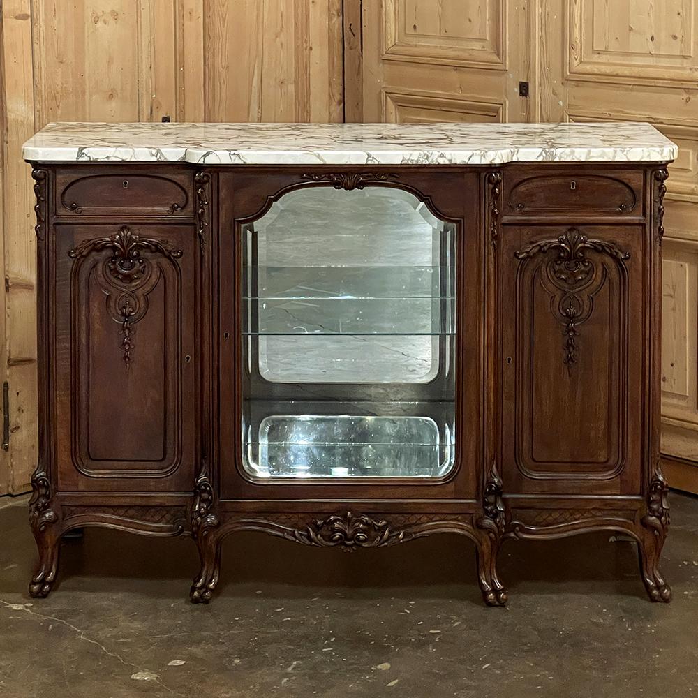 Beveled 19th Century French Louis XIV Marble Top Walnut Display Buffet For Sale
