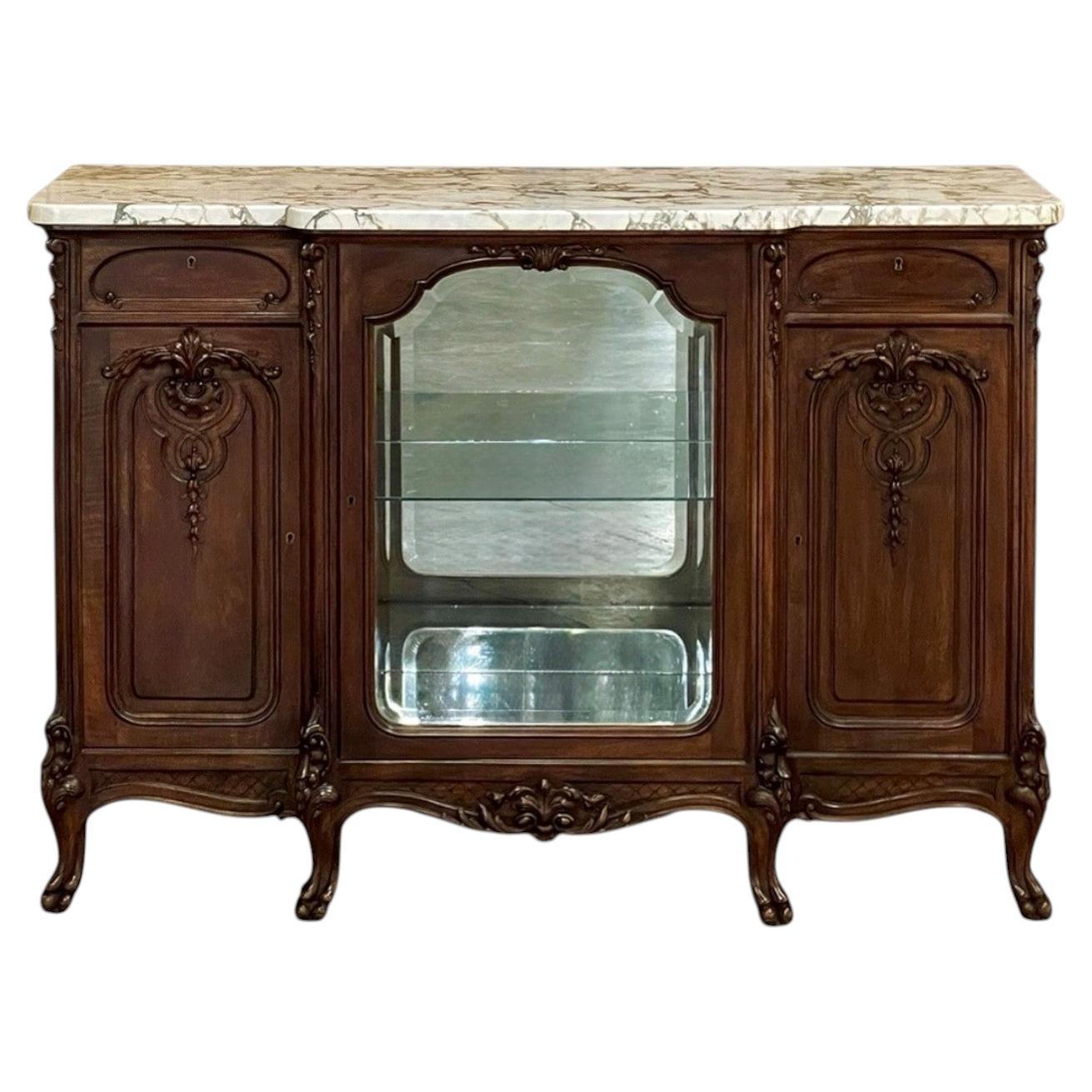 19th Century French Louis XIV Marble Top Walnut Display Buffet For Sale
