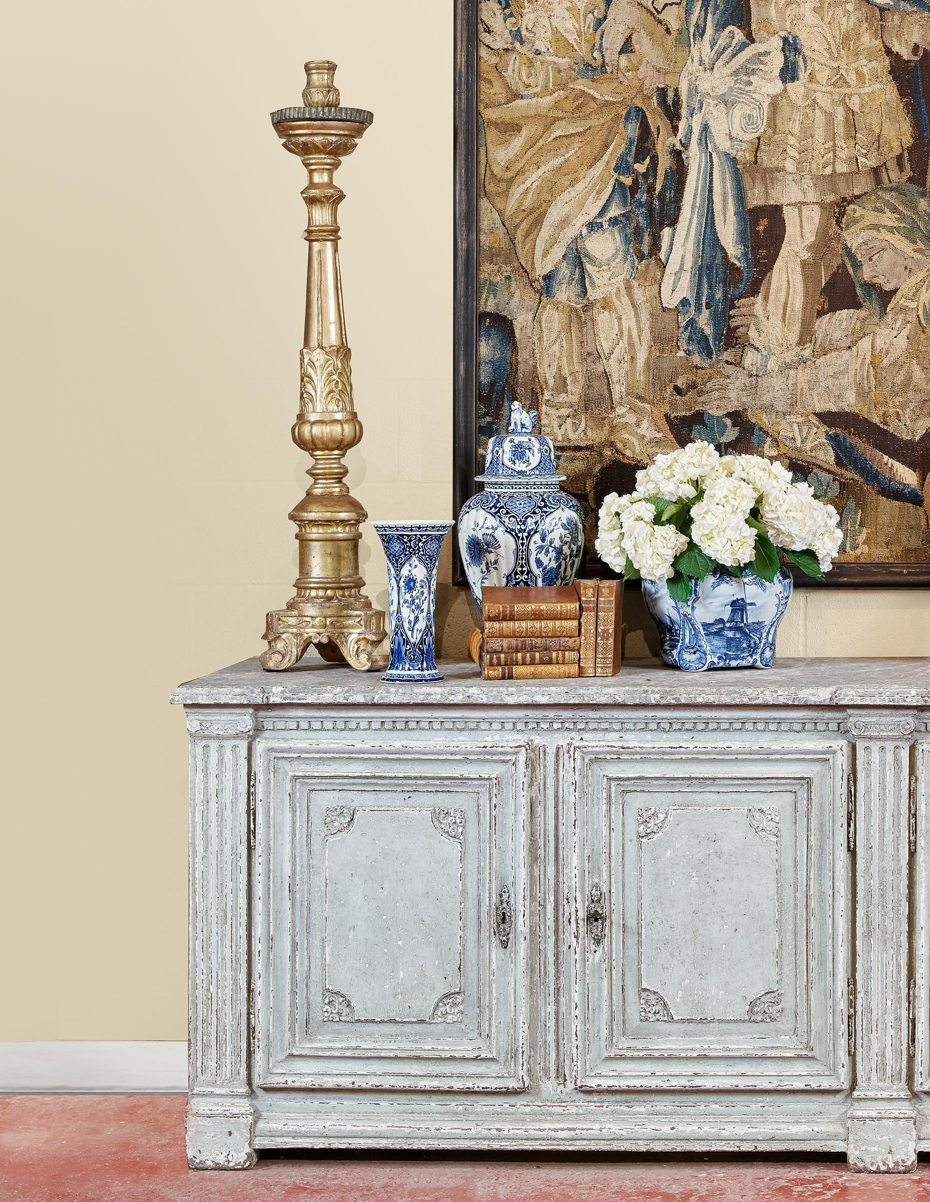 Hand-Painted 19th Century French Louis XIV Painted Four-Door Buffet with Faux Marble Top