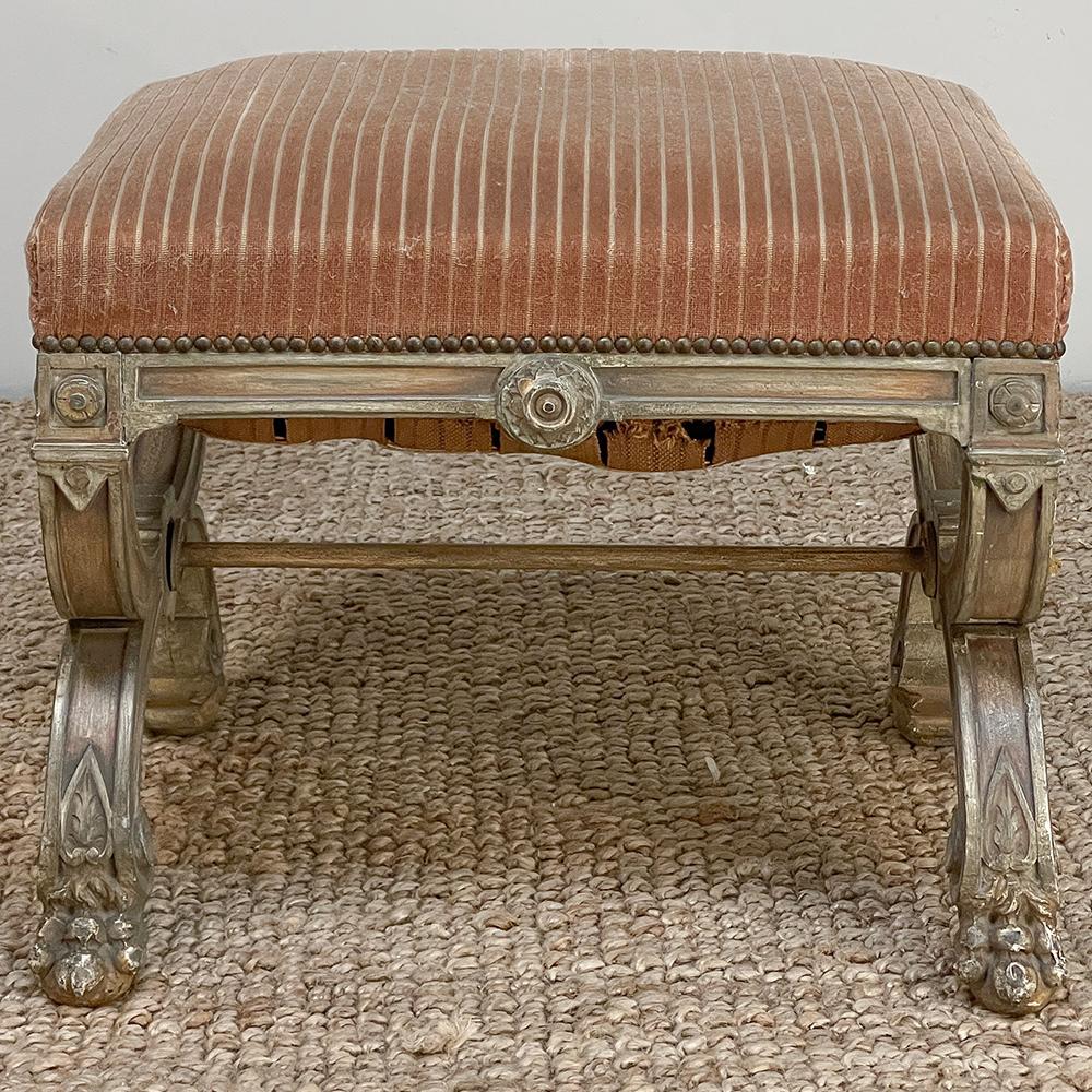 Hand-Crafted 19th Century French, Louis XIV Painted Stool/Bench with Lion's Paw Feet For Sale