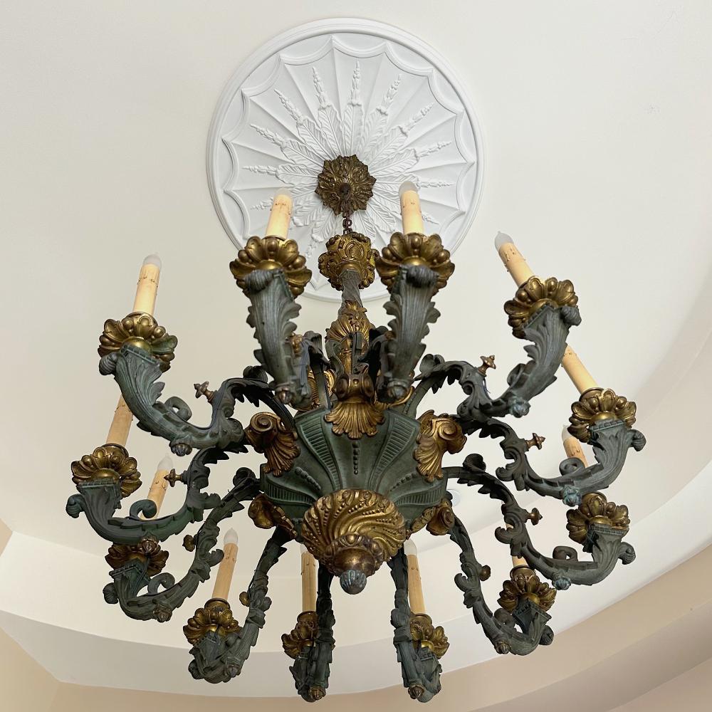 Late 19th Century 19th Century French Louis XIV Patinaed Bronze & Gilt Bronze Chandelier For Sale