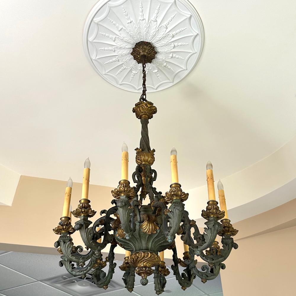 Gold Plate 19th Century French Louis XIV Patinaed Bronze & Gilt Bronze Chandelier For Sale