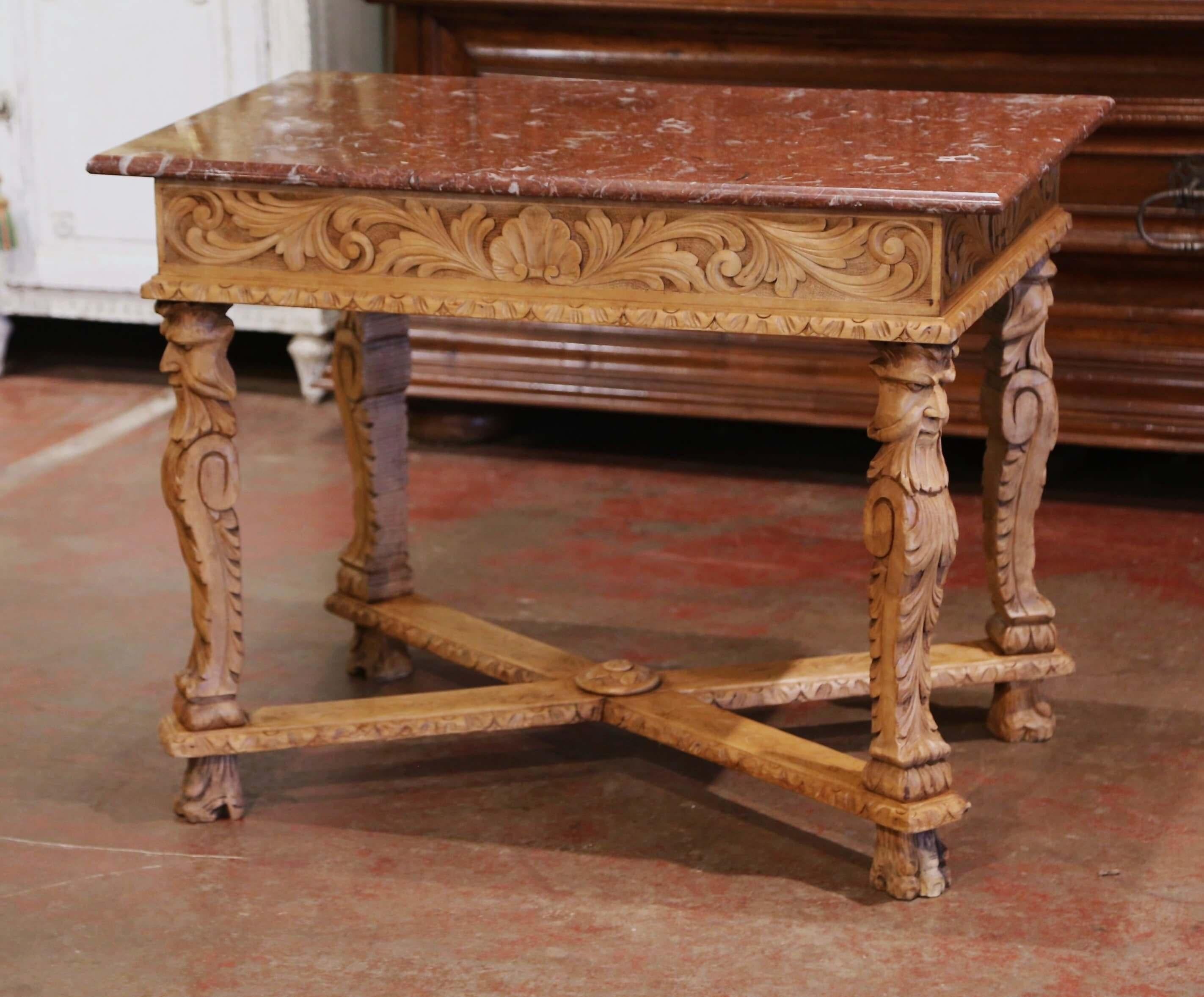 19th Century French Louis XIV Red Marble Top Carved Bleached Oak Table Desk  9