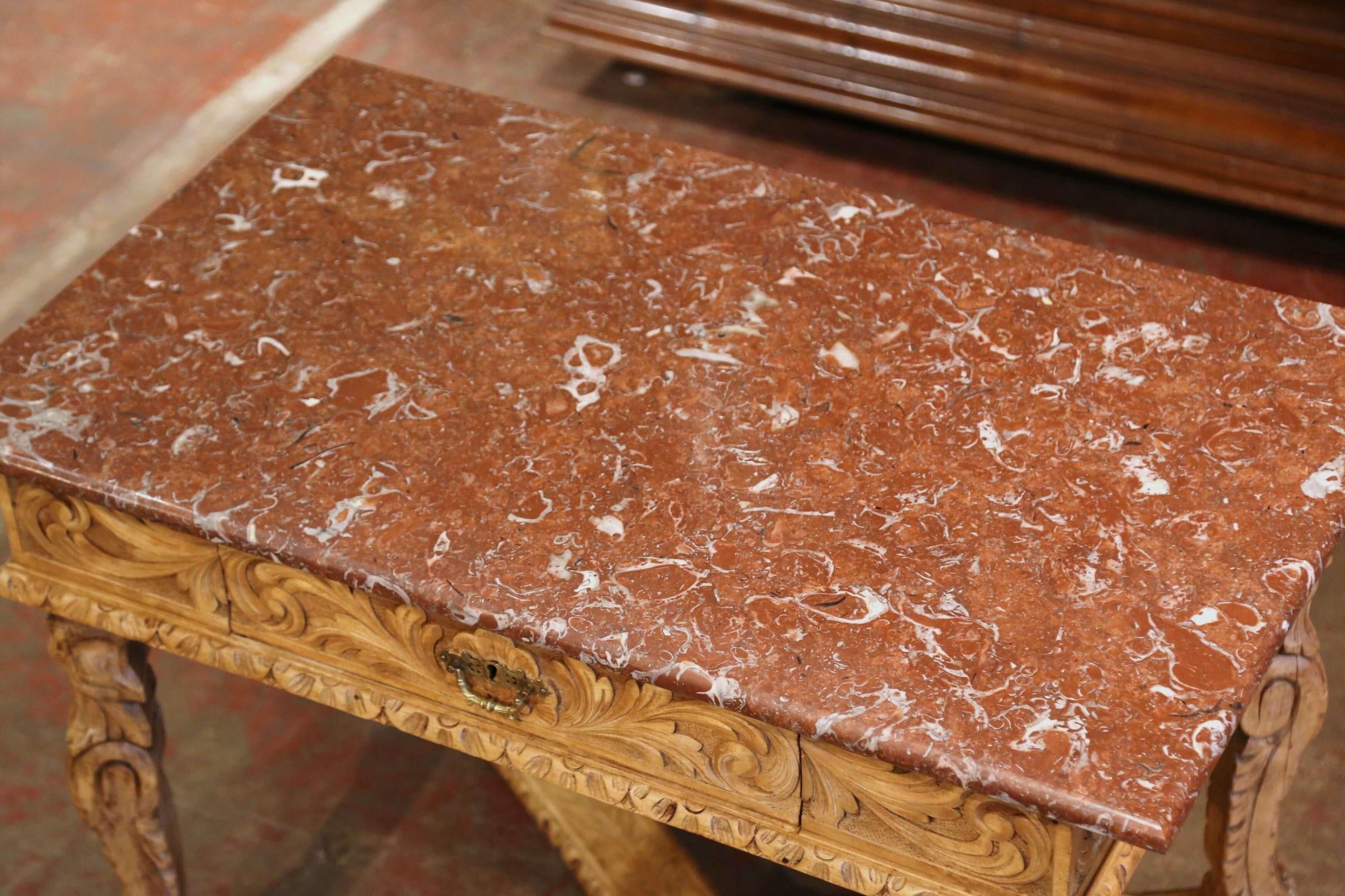 19th Century French Louis XIV Red Marble Top Carved Bleached Oak Table Desk  In Excellent Condition In Dallas, TX