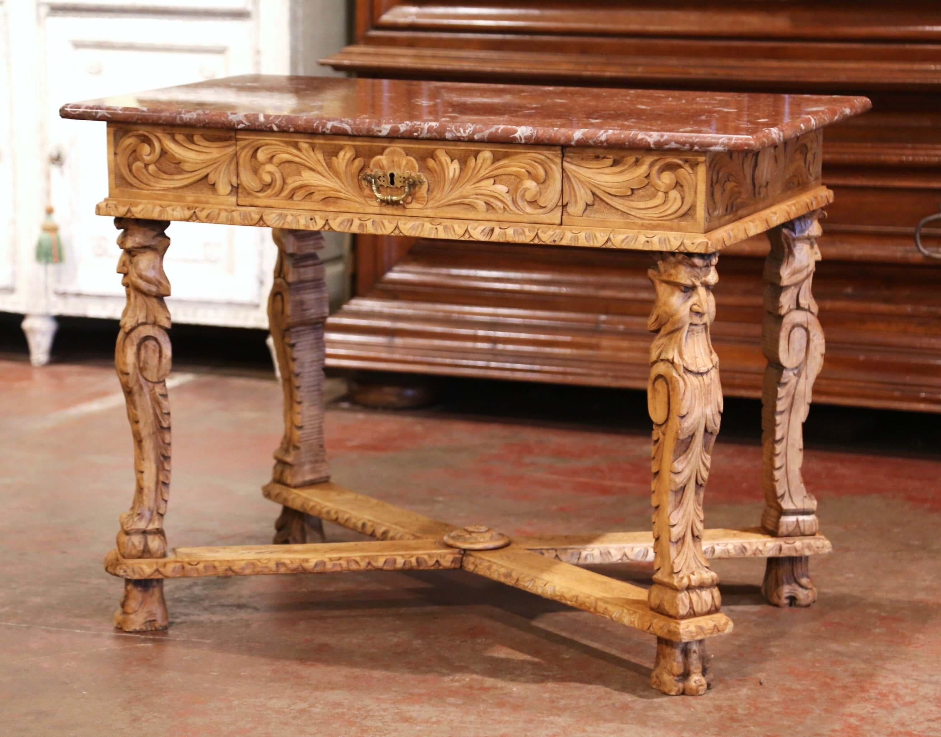 19th Century French Louis XIV Red Marble Top Carved Bleached Oak Table Desk  1