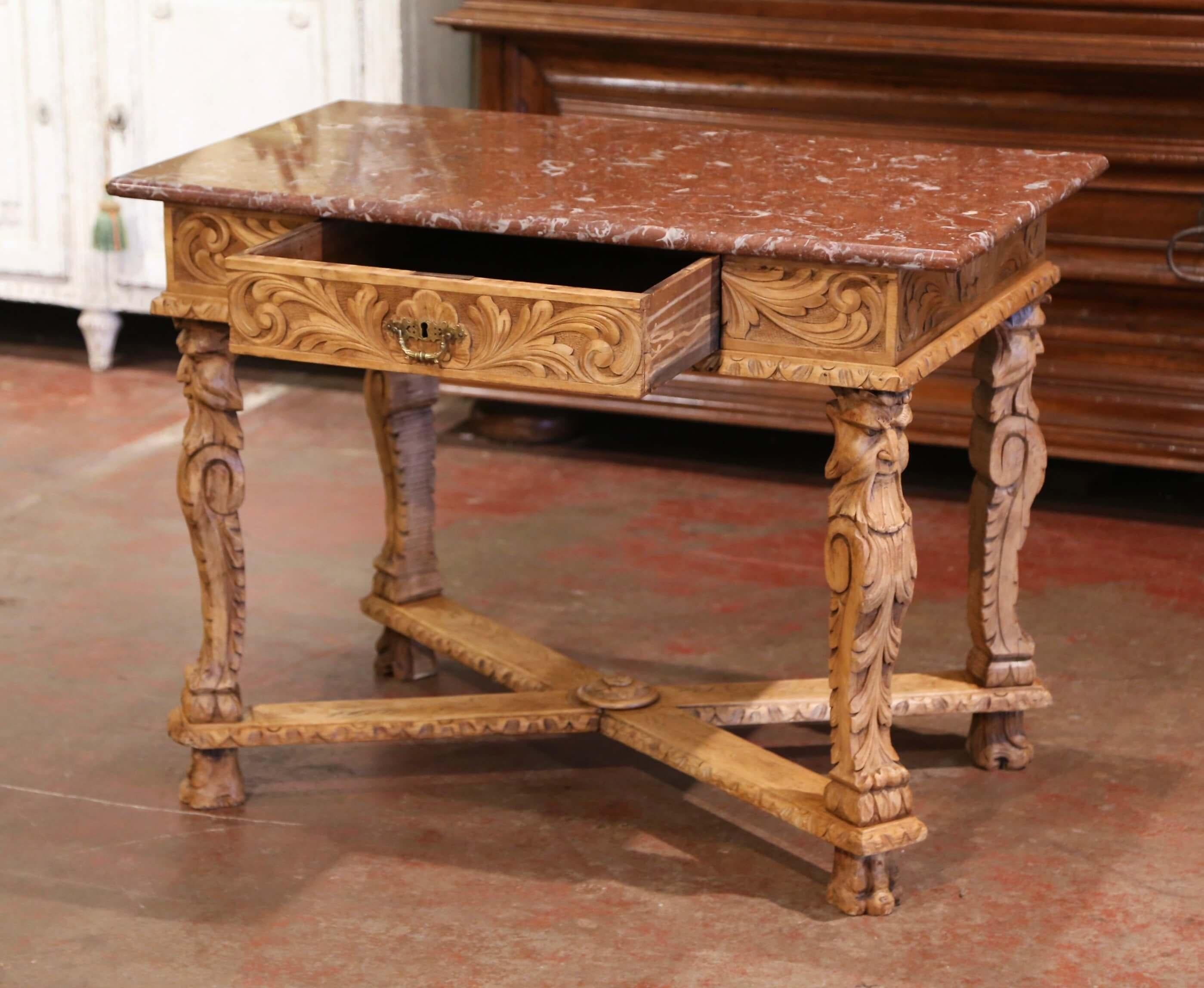19th Century French Louis XIV Red Marble Top Carved Bleached Oak Table Desk  4