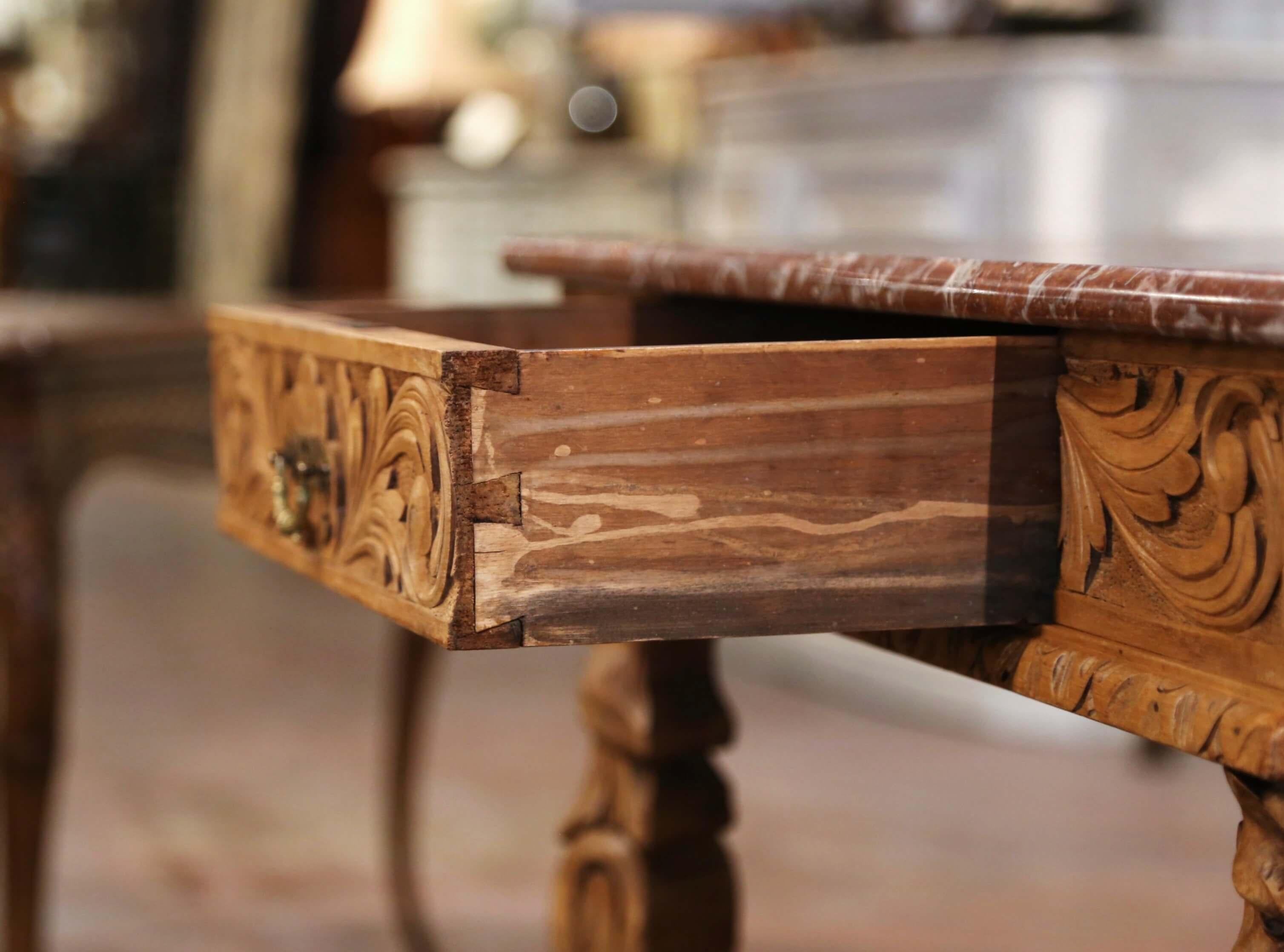 19th Century French Louis XIV Red Marble Top Carved Bleached Oak Table Desk  6