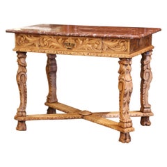 19th Century French Louis XIV Red Marble Top Carved Bleached Oak Table Desk