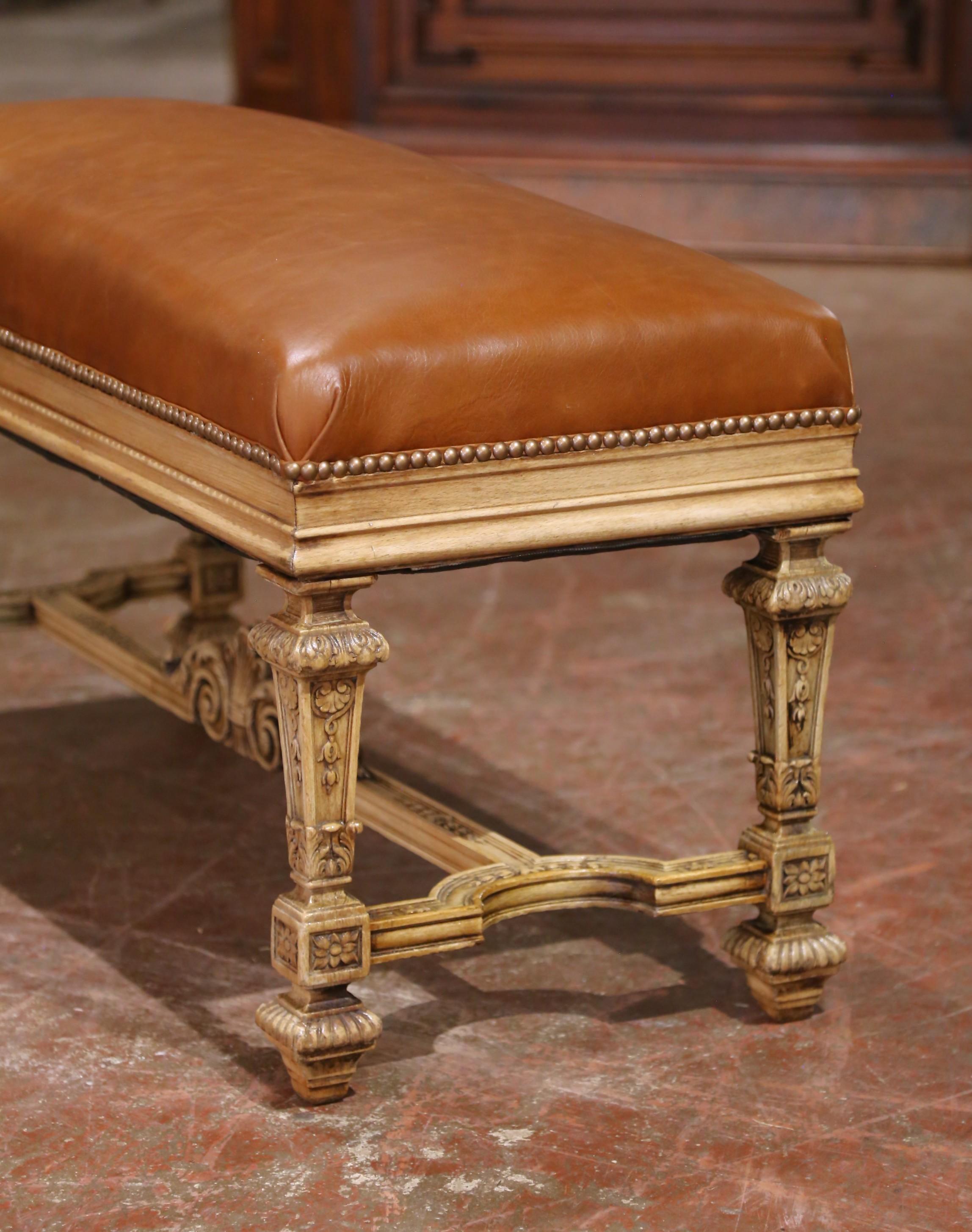 19th Century French Louis XIV Style Carved Bleached Oak Bench with Leather Seat In Excellent Condition For Sale In Dallas, TX