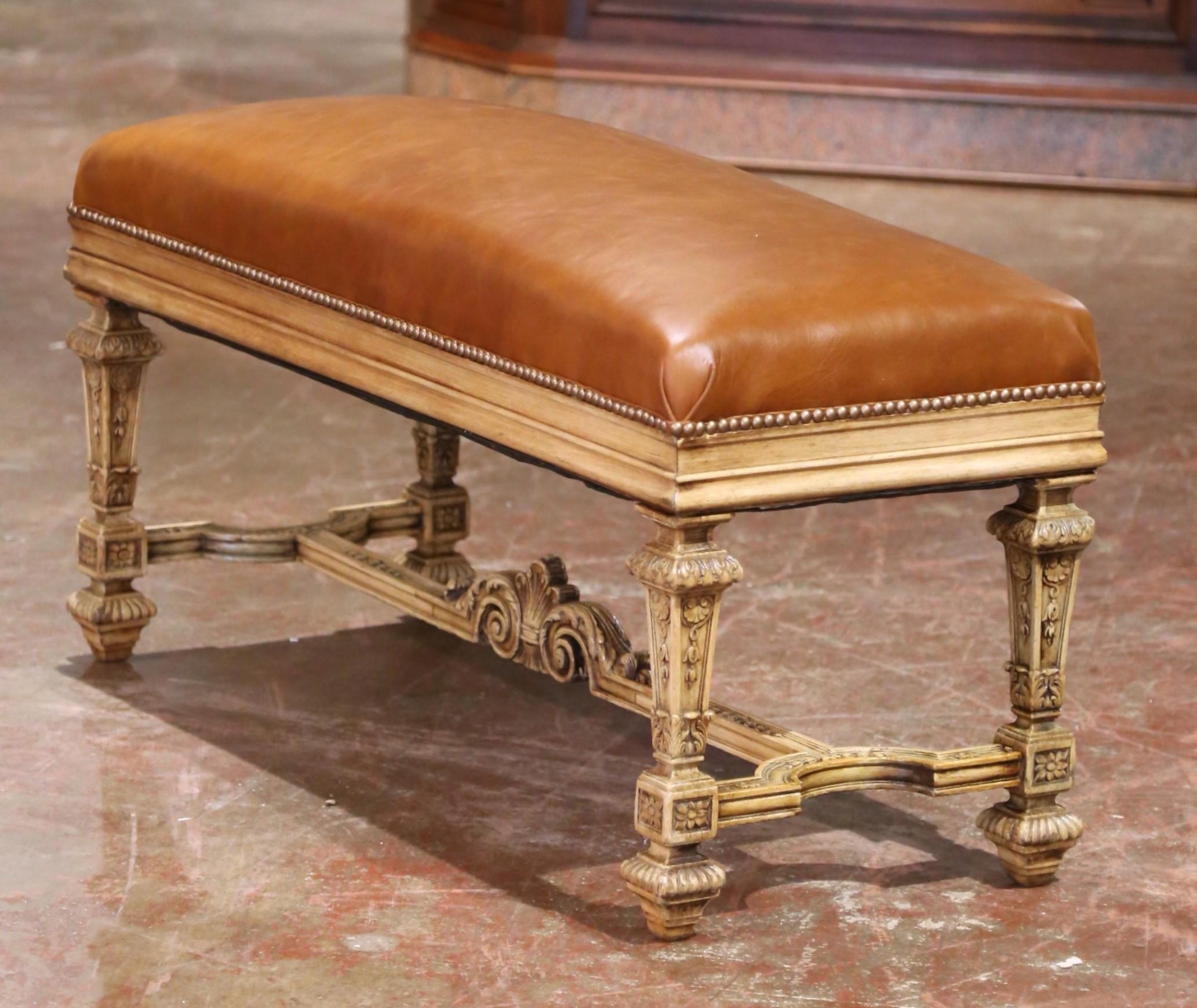 19th Century French Louis XIV Style Carved Bleached Oak Bench with Leather Seat For Sale 1
