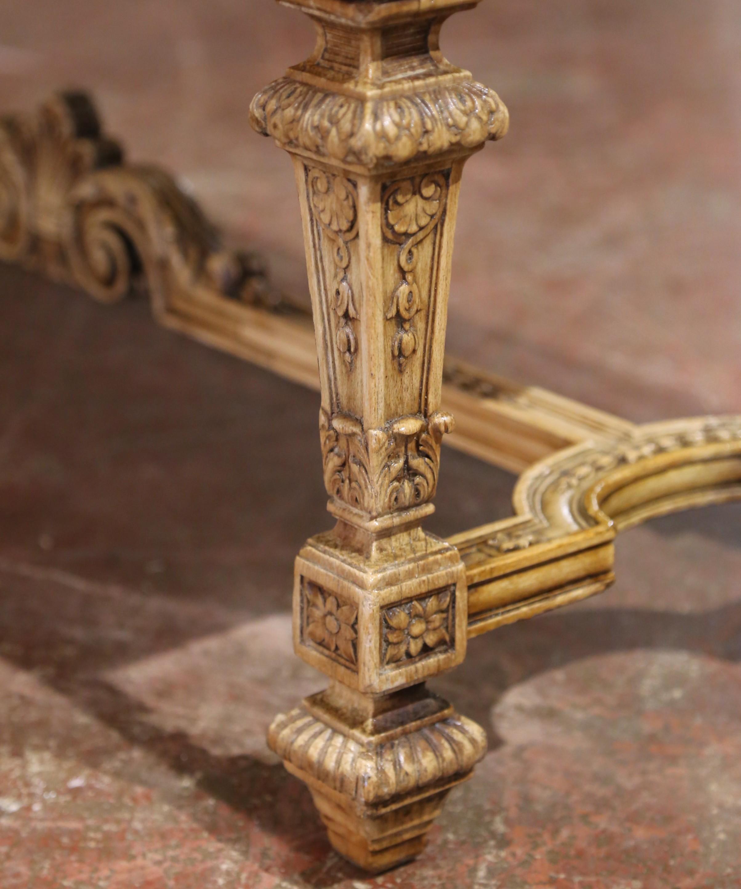 19th Century French Louis XIV Style Carved Bleached Oak Bench with Leather Seat For Sale 3