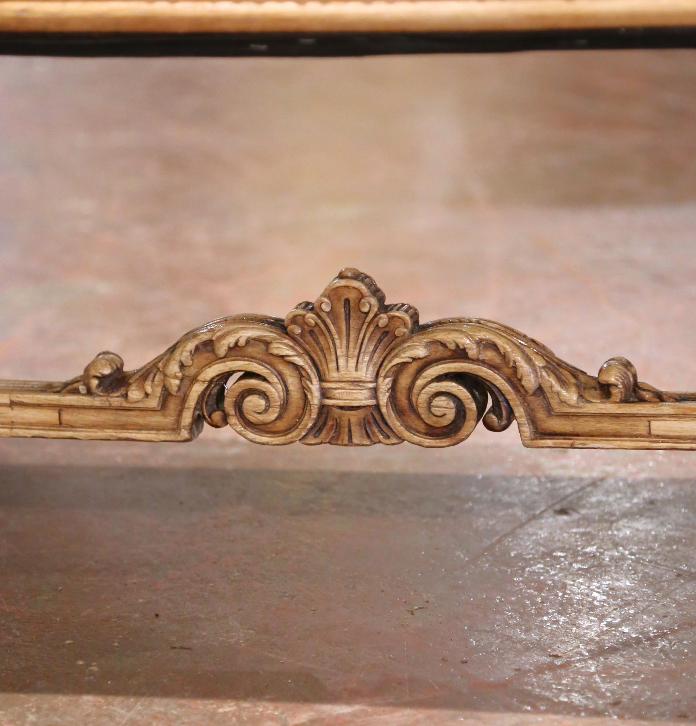 19th Century French Louis XIV Style Carved Bleached Oak Bench with Leather Seat For Sale 5